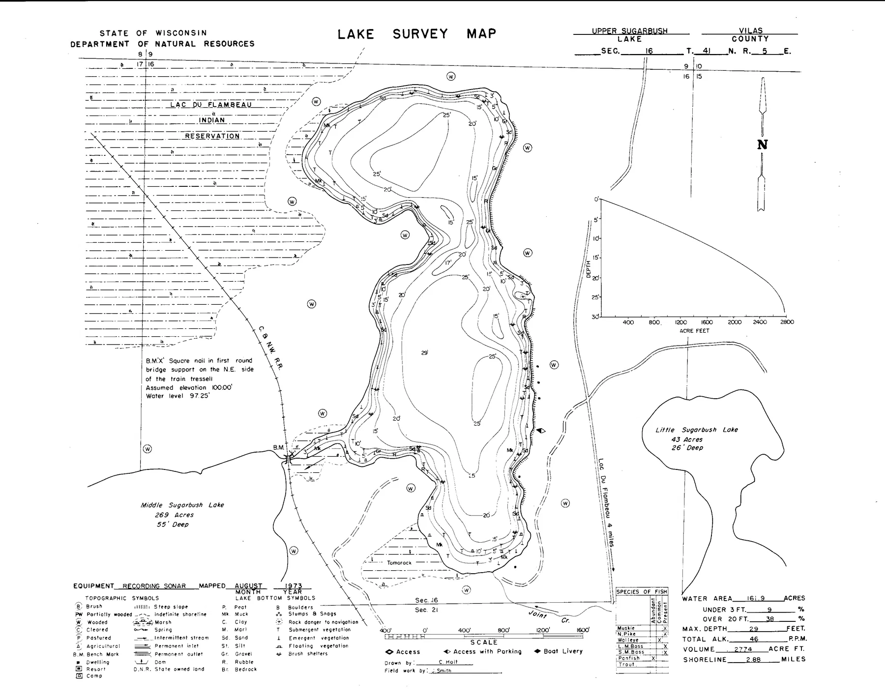 Upper Sugarbush Lake historical Wisconsin DNR depth map sheet 1