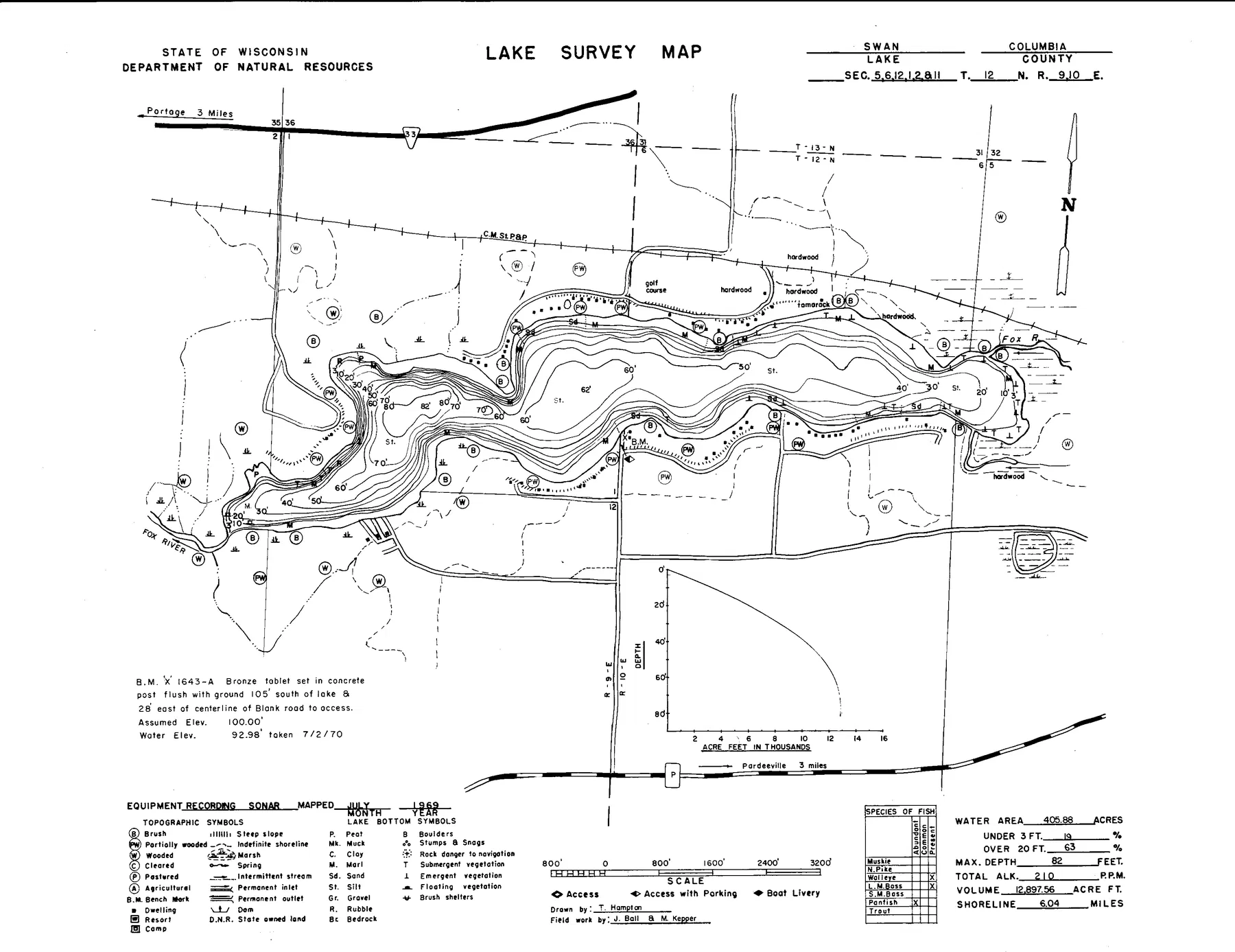 Swan Lake historical Wisconsin DNR depth map sheet 1