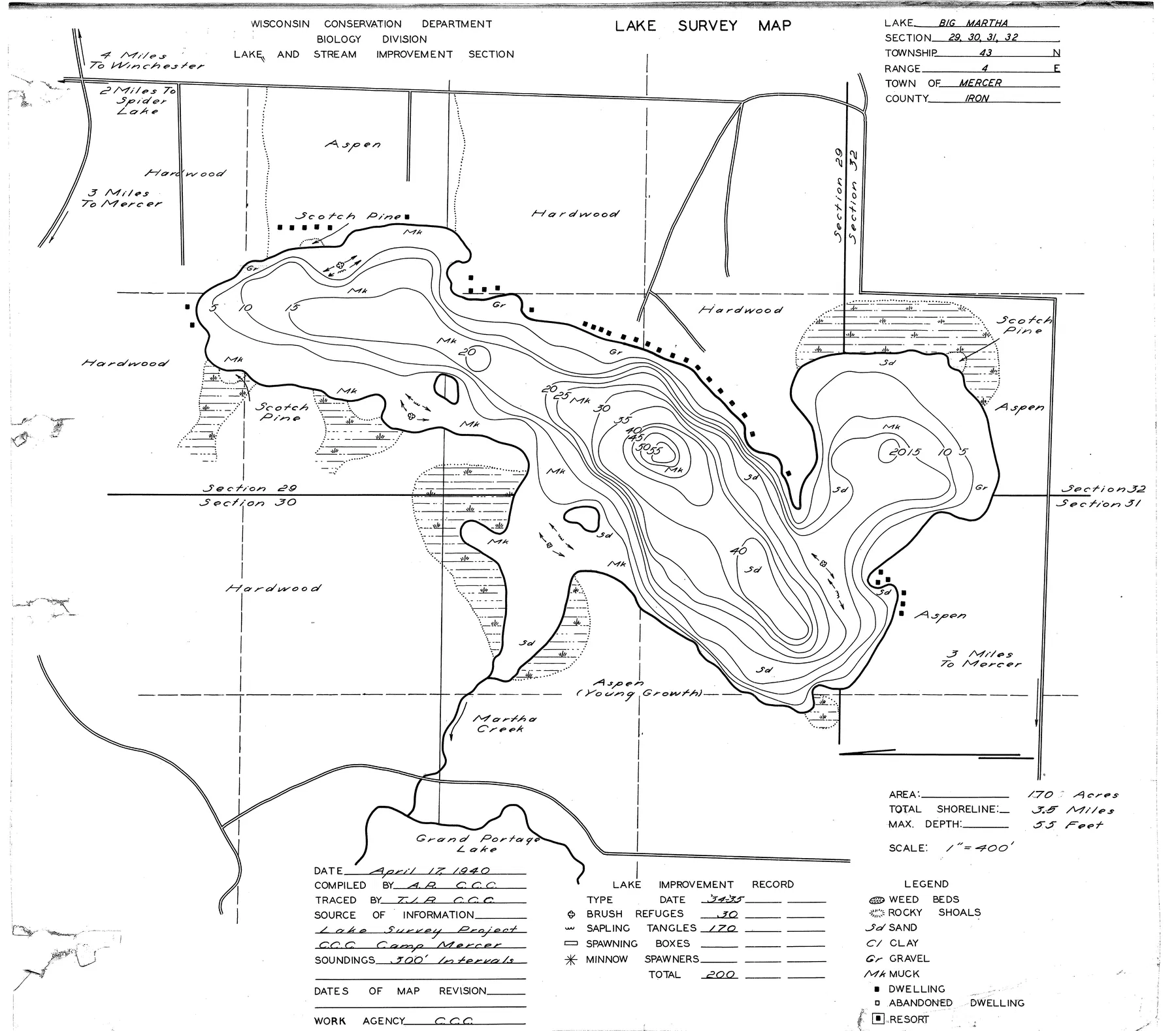 Martha Lake historical Wisconsin DNR depth map sheet 1