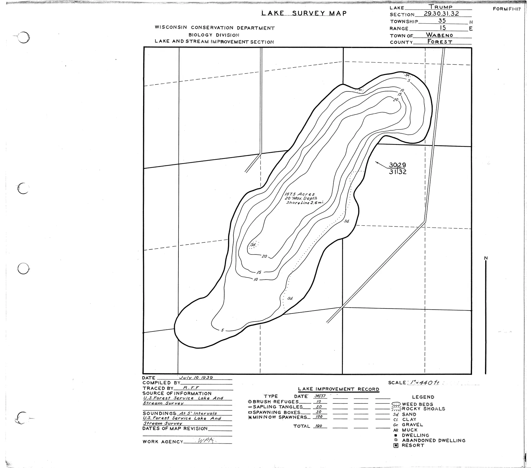Trump Lake historical Wisconsin DNR depth map sheet 1