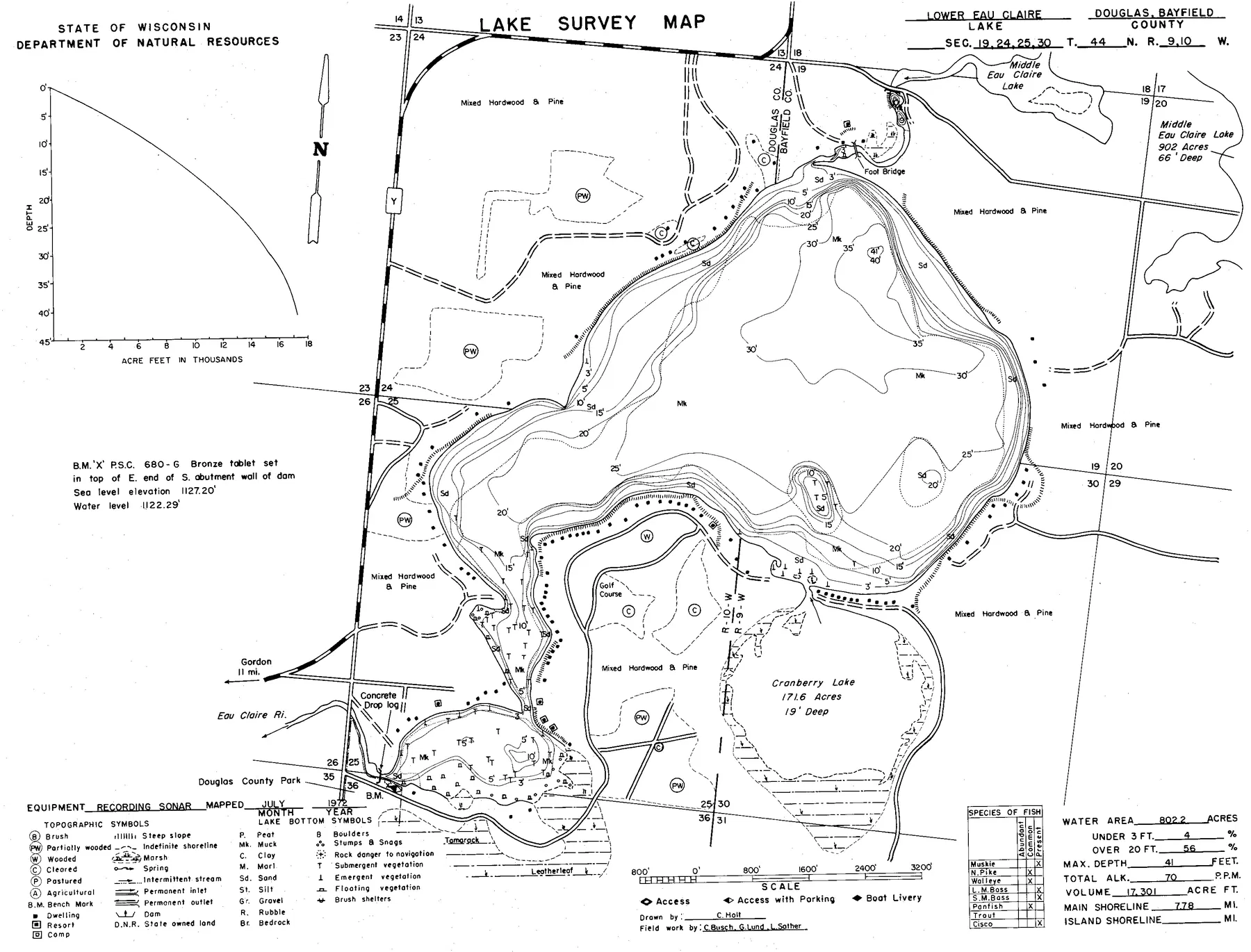 Lower Eau Claire Lake historical Wisconsin DNR depth map sheet 1