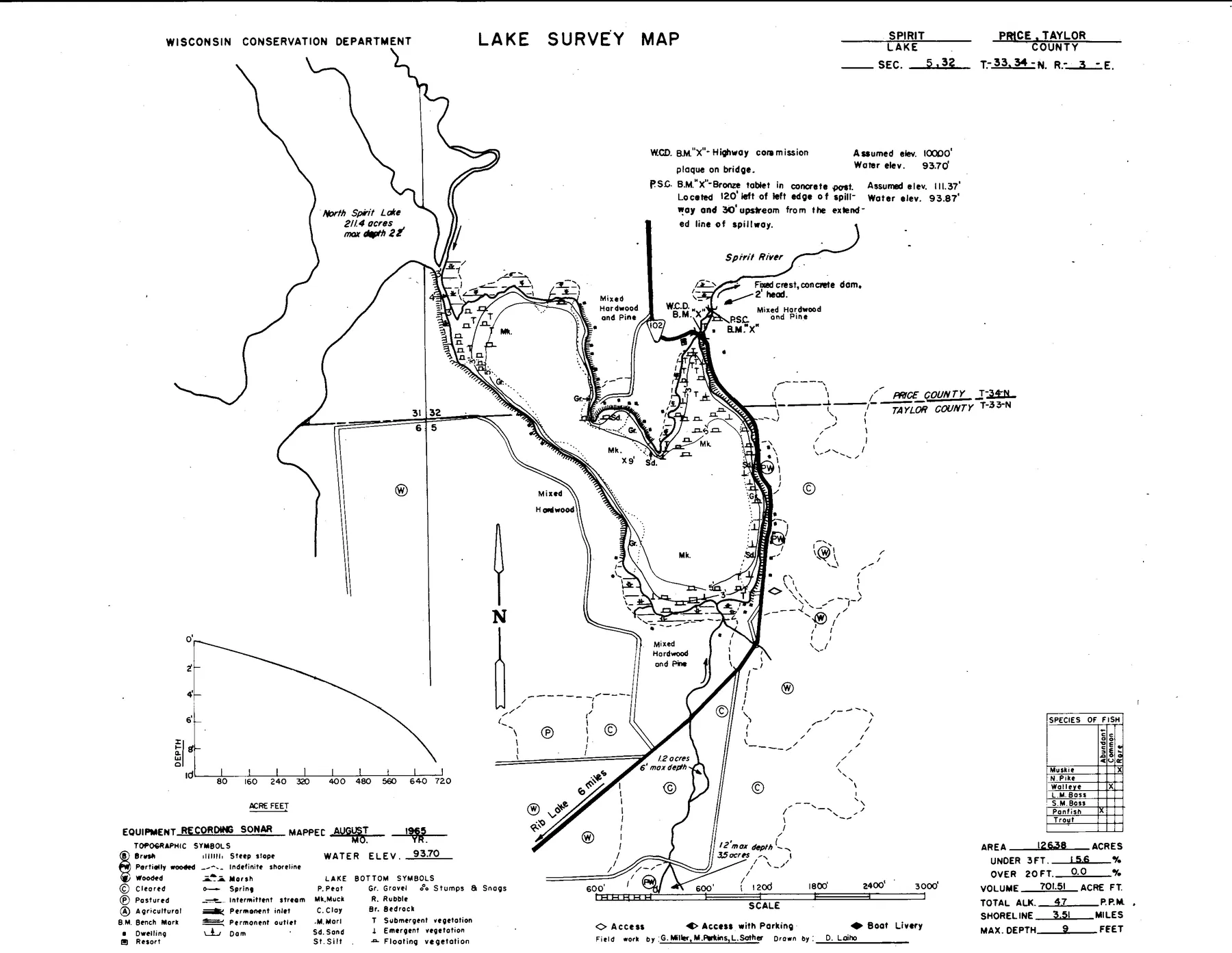 Spirit Lake historical Wisconsin DNR depth map sheet 1