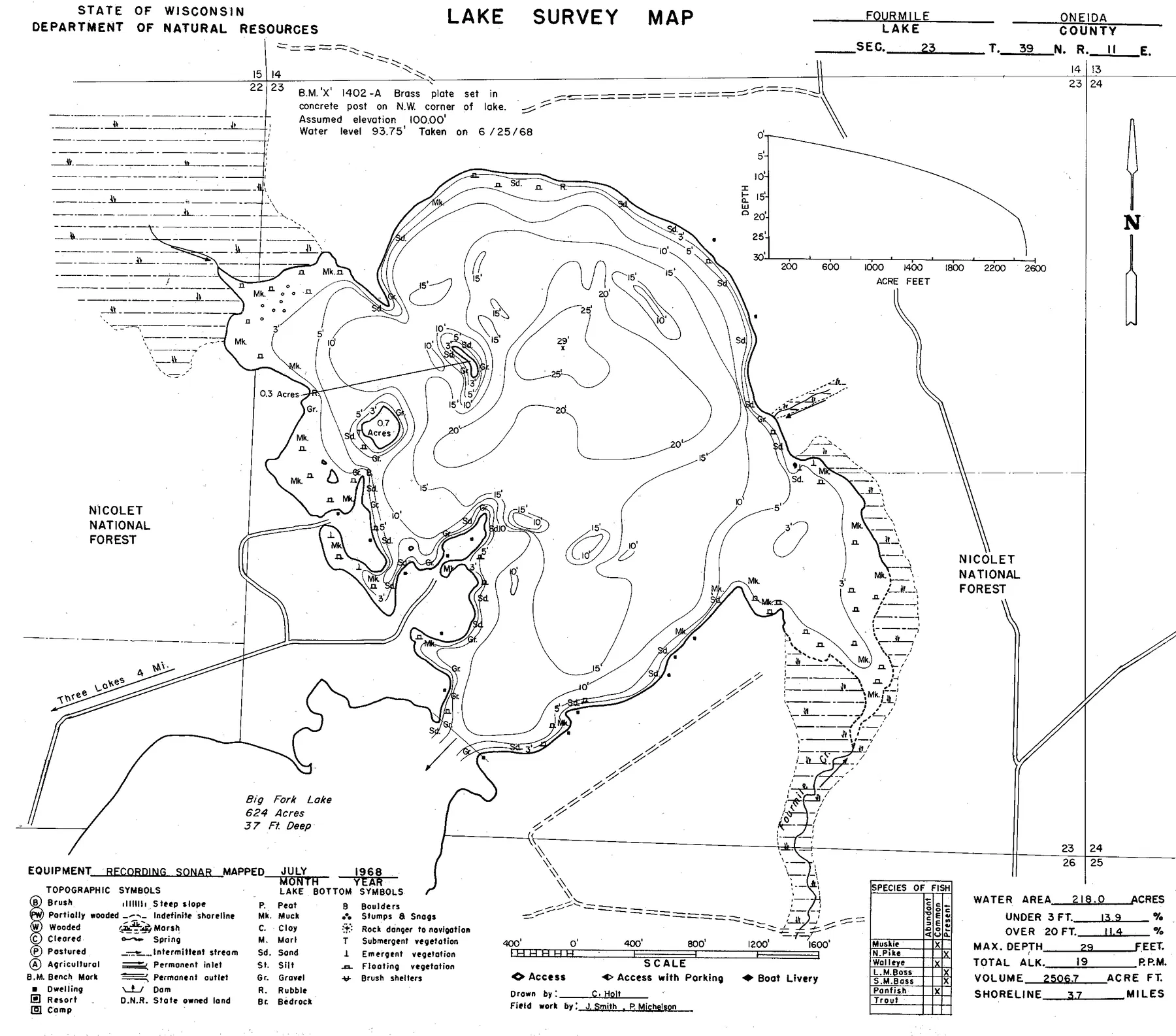 Fourmile Lake historical Wisconsin DNR depth map sheet 1