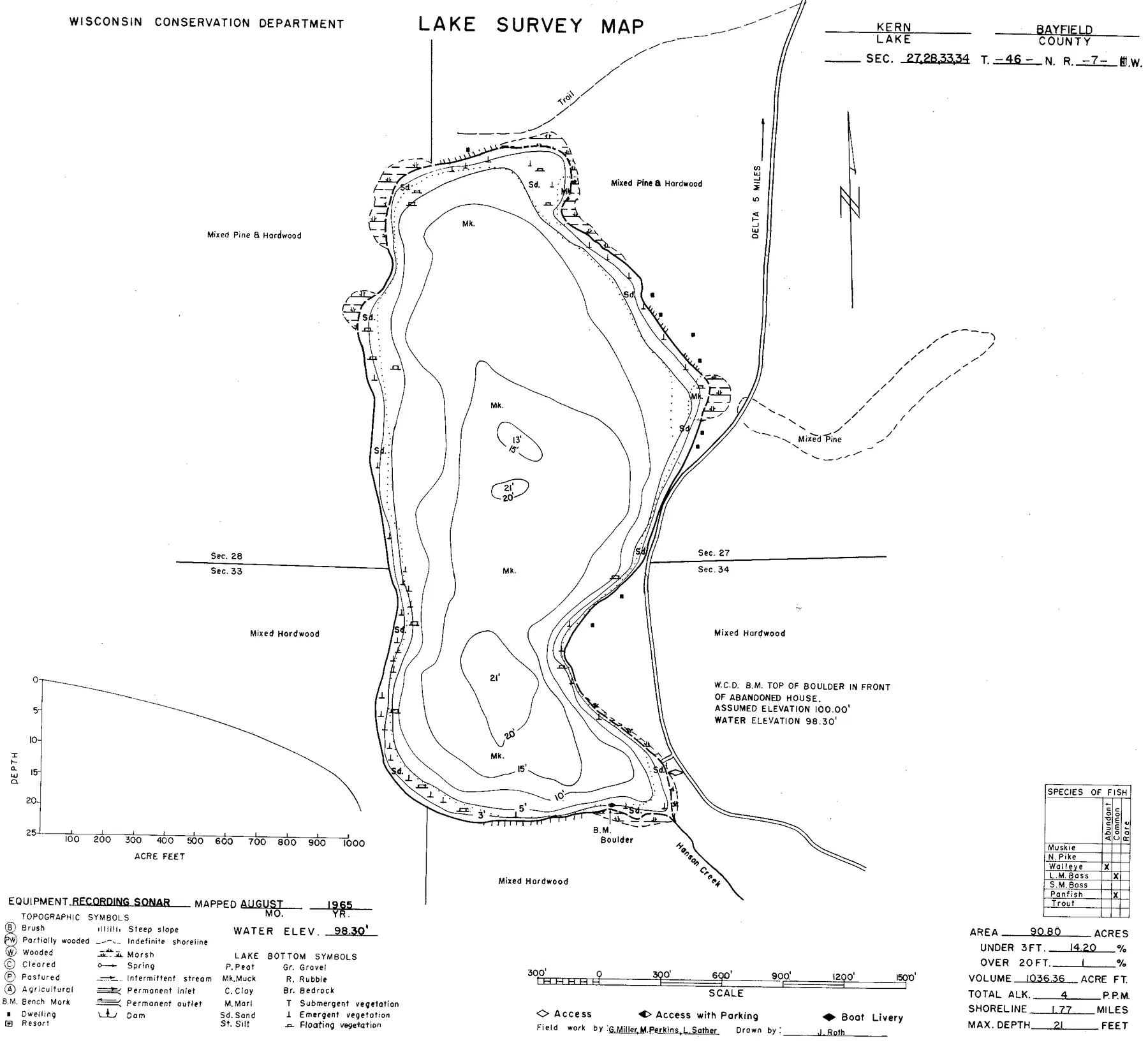 Kern Lake historical Wisconsin DNR depth map sheet 1