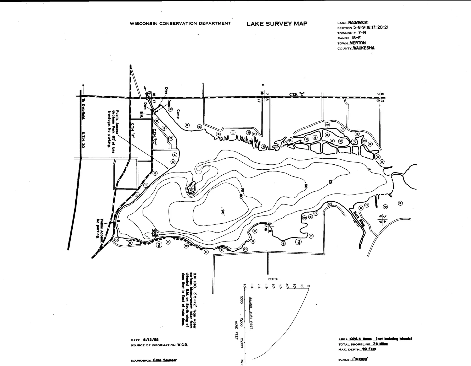 Nagawicka Lake historical Wisconsin DNR depth map sheet 1