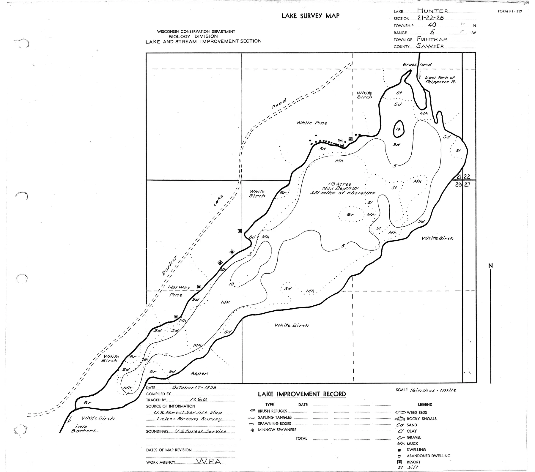Hunter Lake historical Wisconsin DNR depth map sheet 1