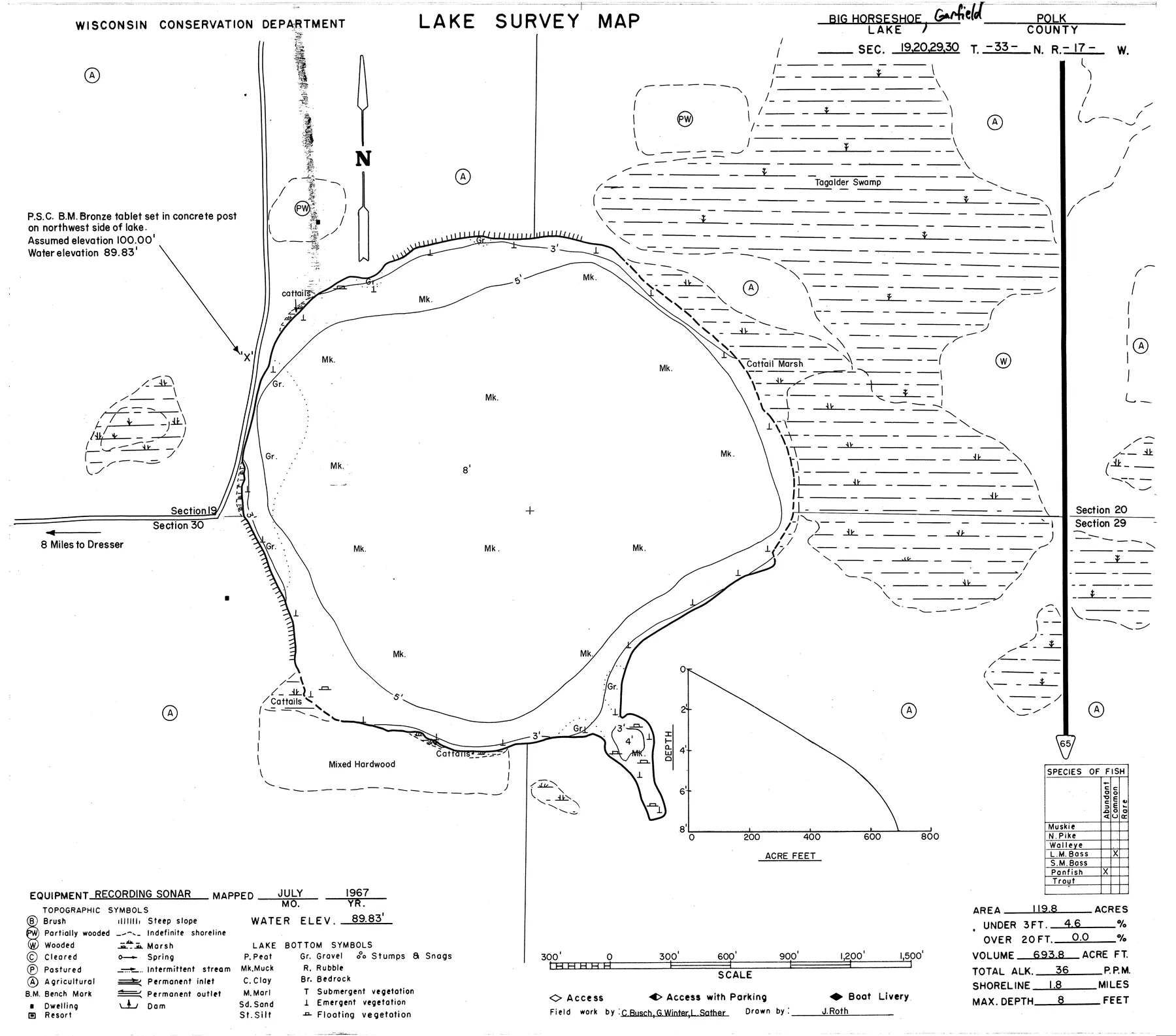 Horseshoe Lake historical Wisconsin DNR depth map sheet 1