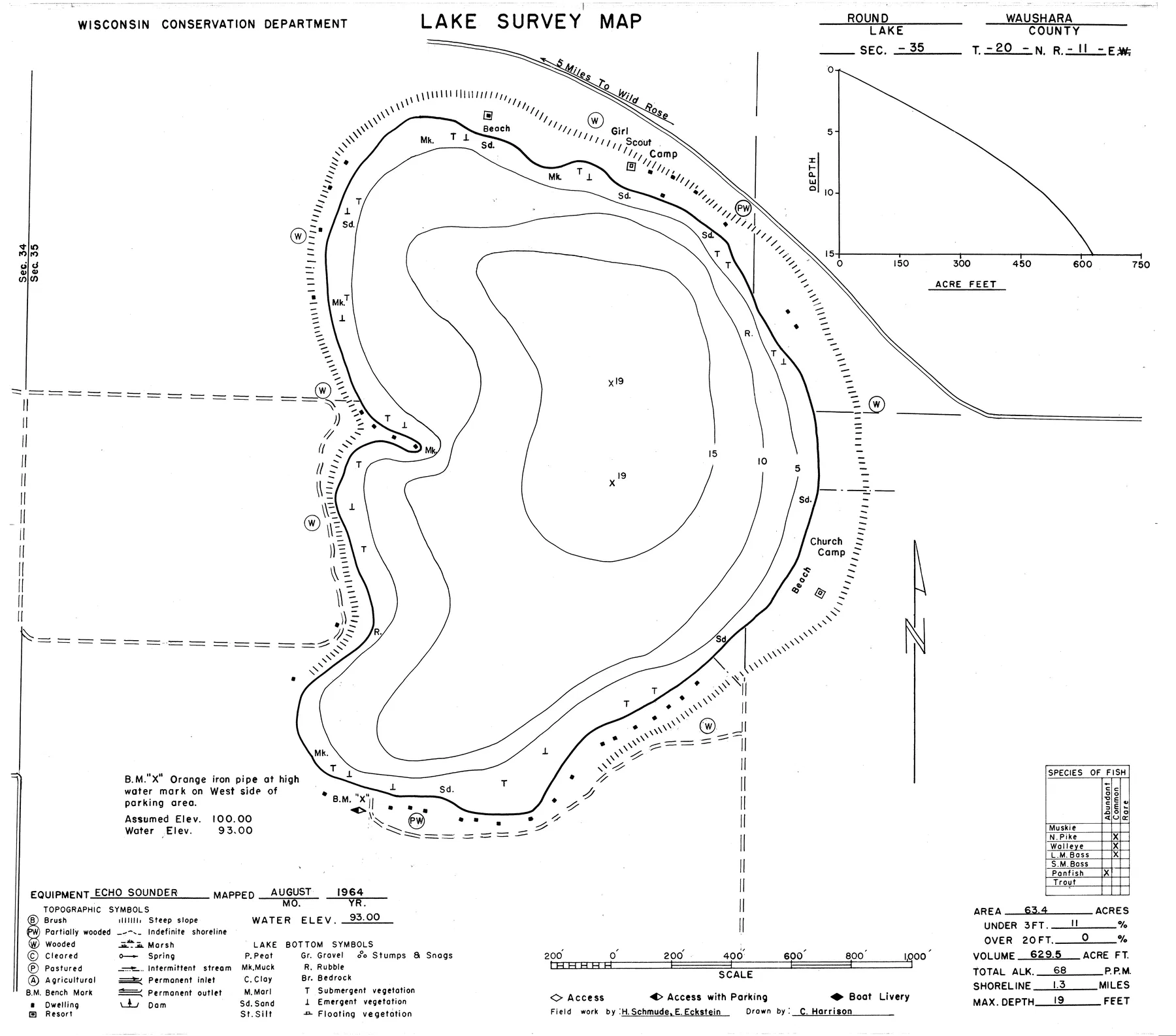Round Lake historical Wisconsin DNR depth map sheet 1