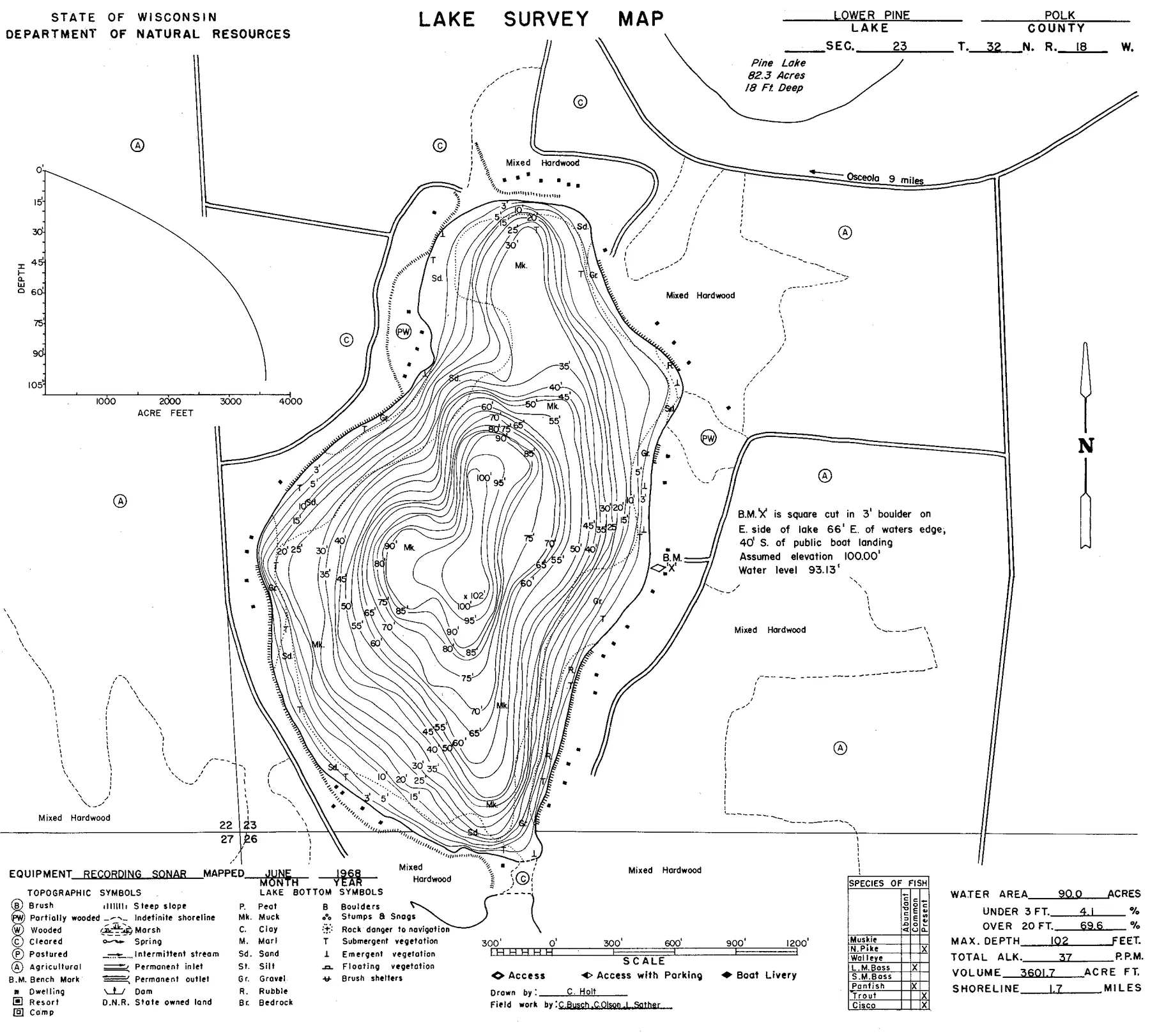 Lower Pine Lake historical Wisconsin DNR depth map sheet 1