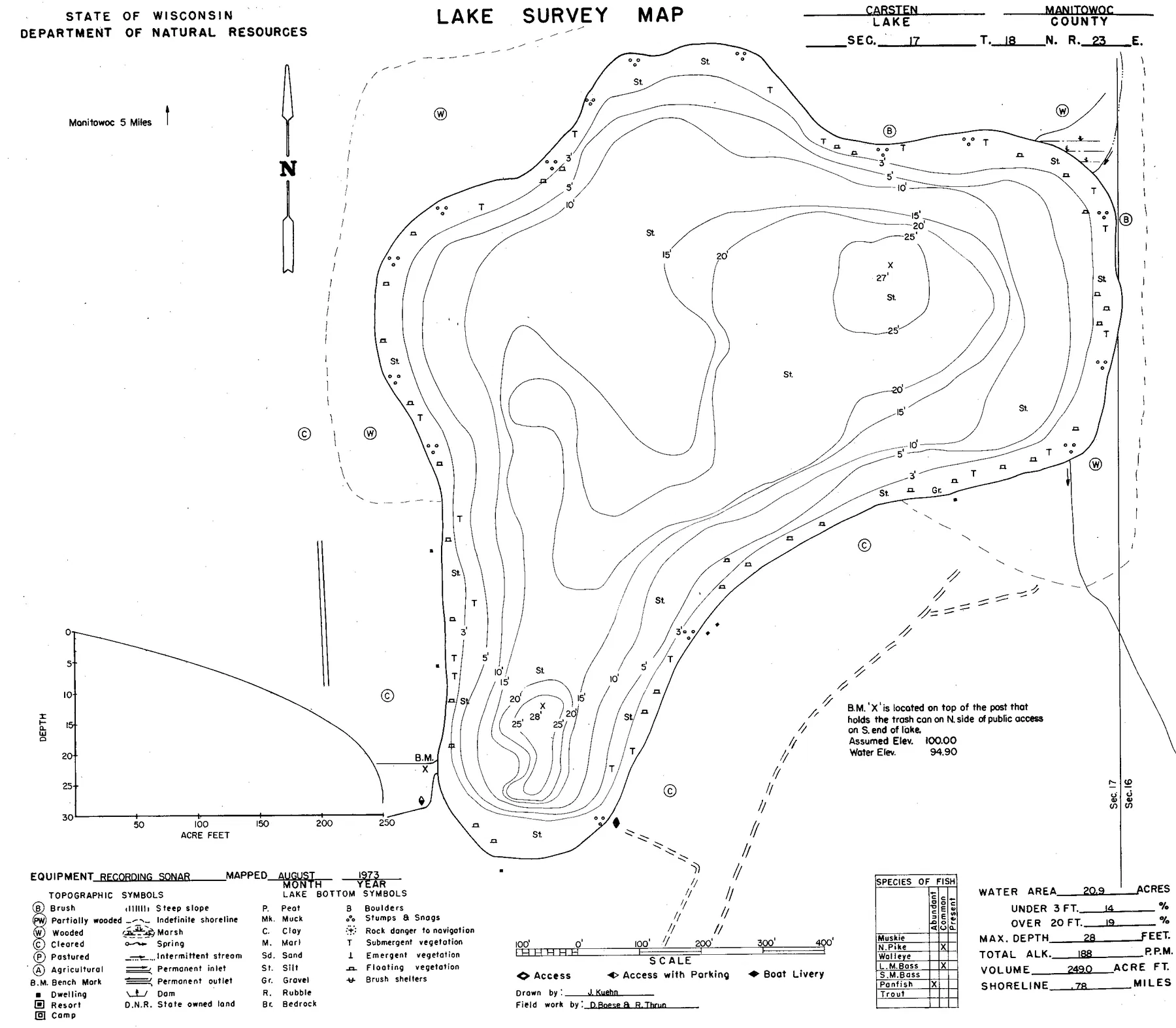 Carstens Lake historical Wisconsin DNR depth map sheet 1