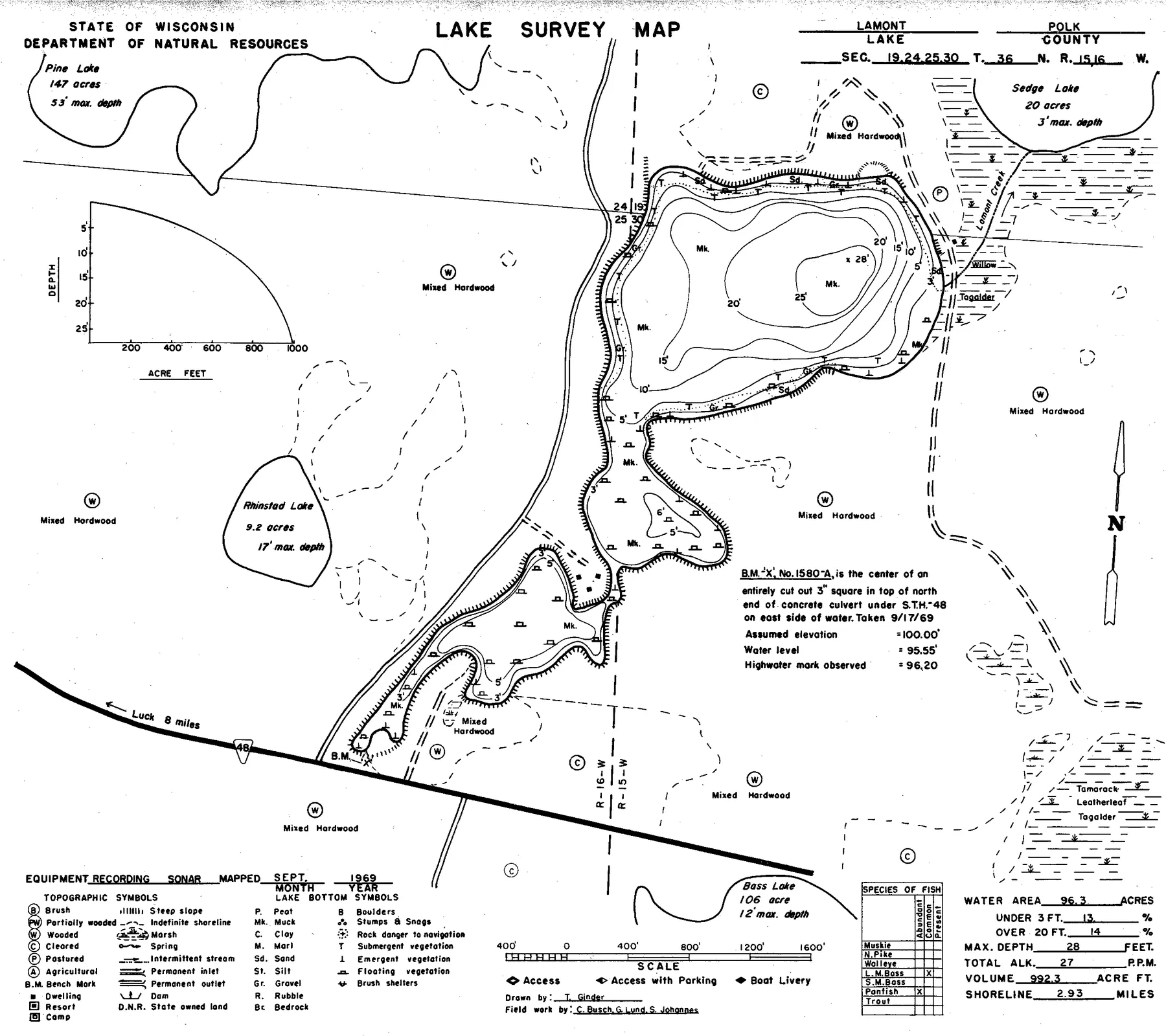 Lamont Lake historical Wisconsin DNR depth map sheet 1