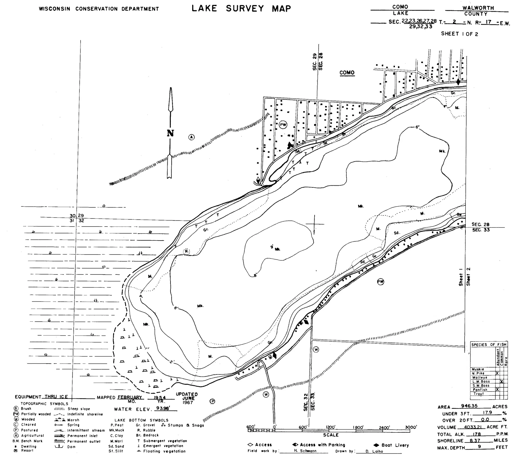 Lake Como historical Wisconsin DNR depth map sheet 1