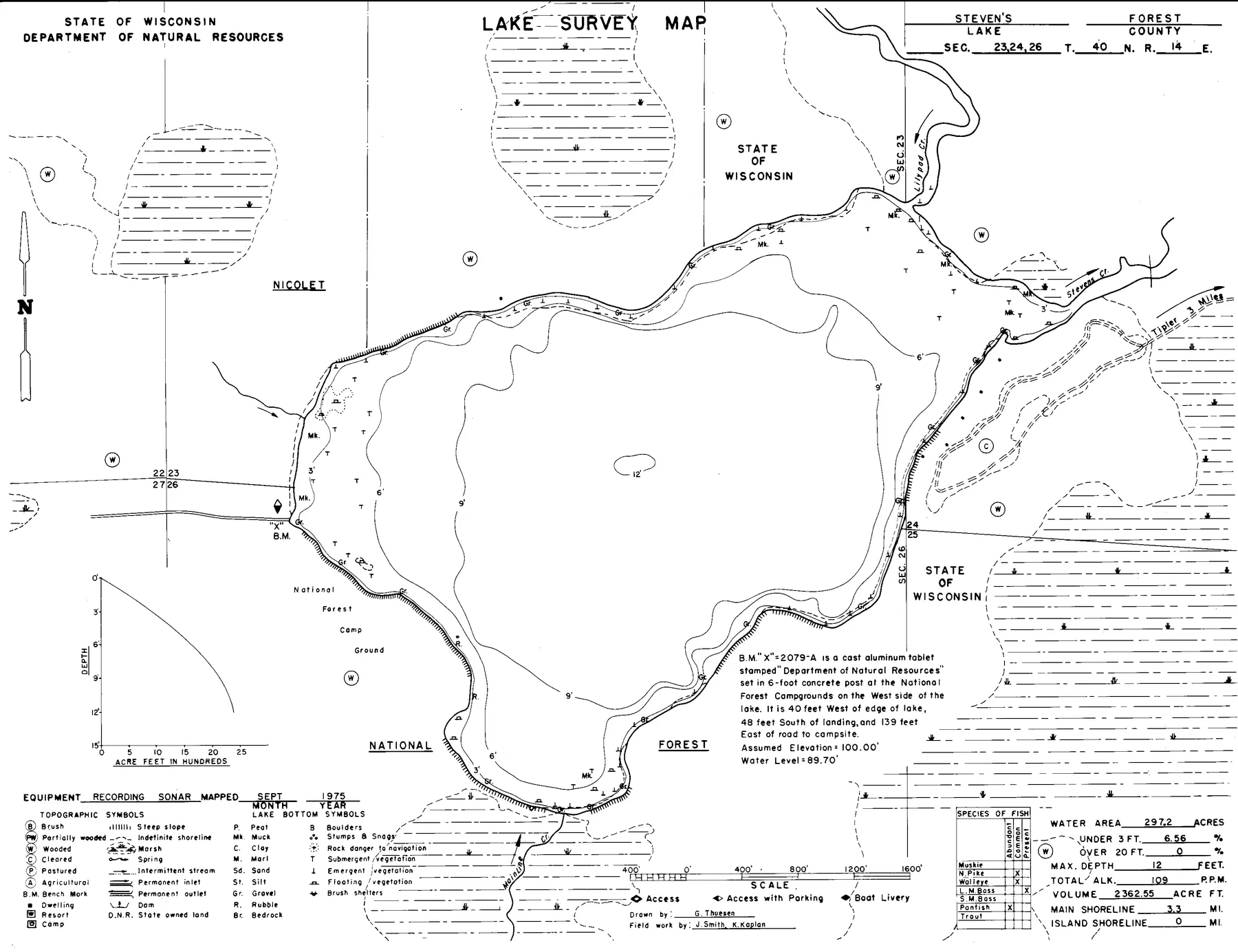 Stevens Lake historical Wisconsin DNR depth map sheet 1