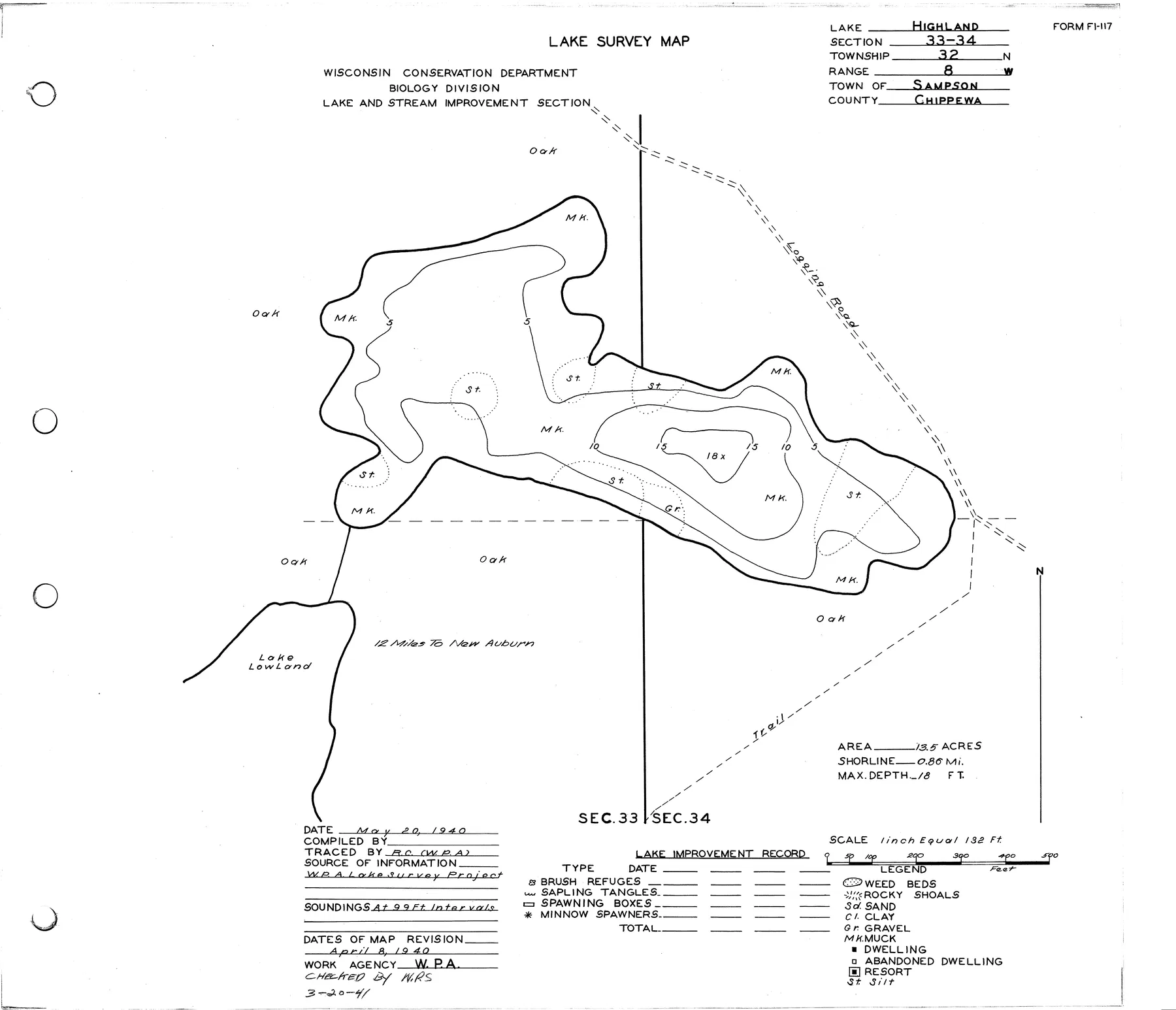 Highland Lake historical Wisconsin DNR depth map sheet 1