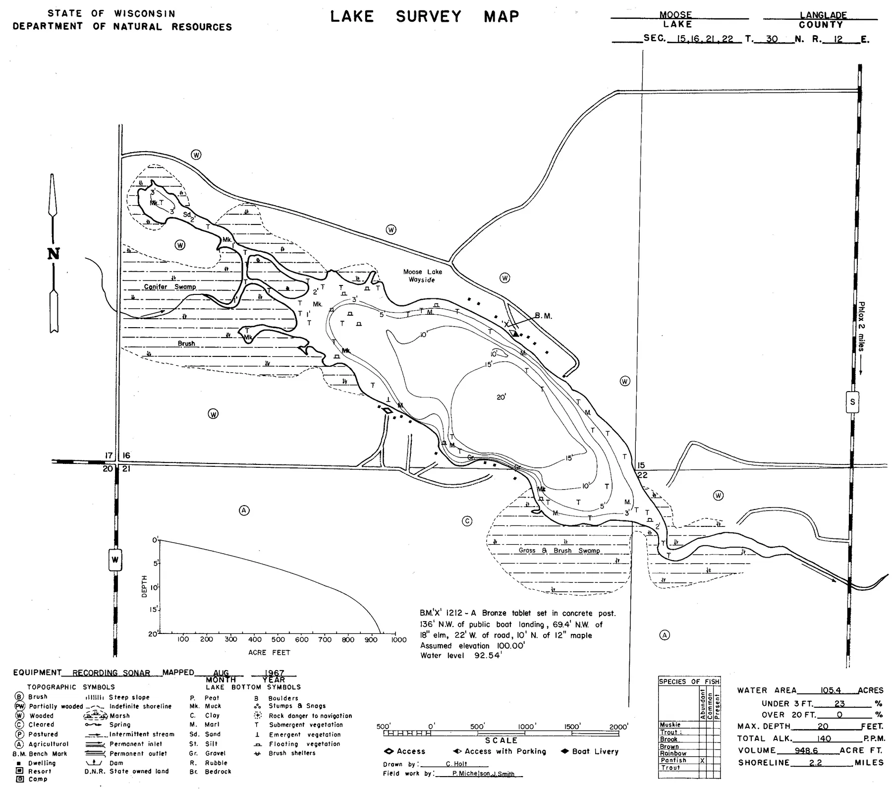 Moose Lake historical Wisconsin DNR depth map sheet 1
