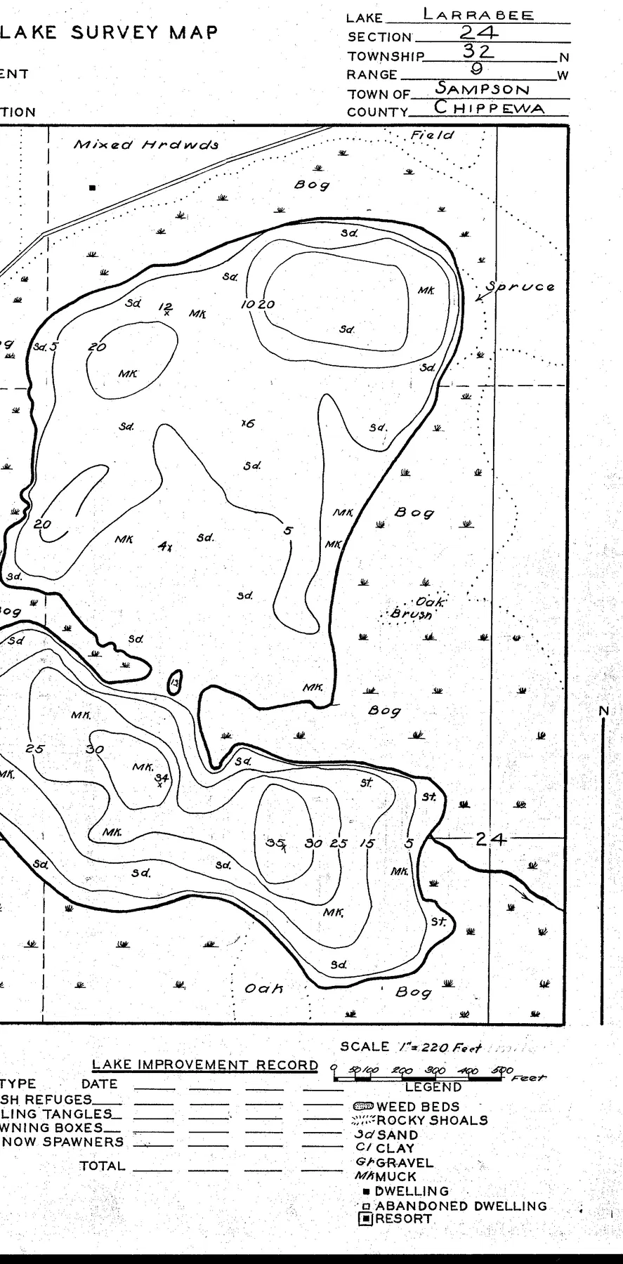Larrabee Lake historical Wisconsin DNR depth map sheet 1