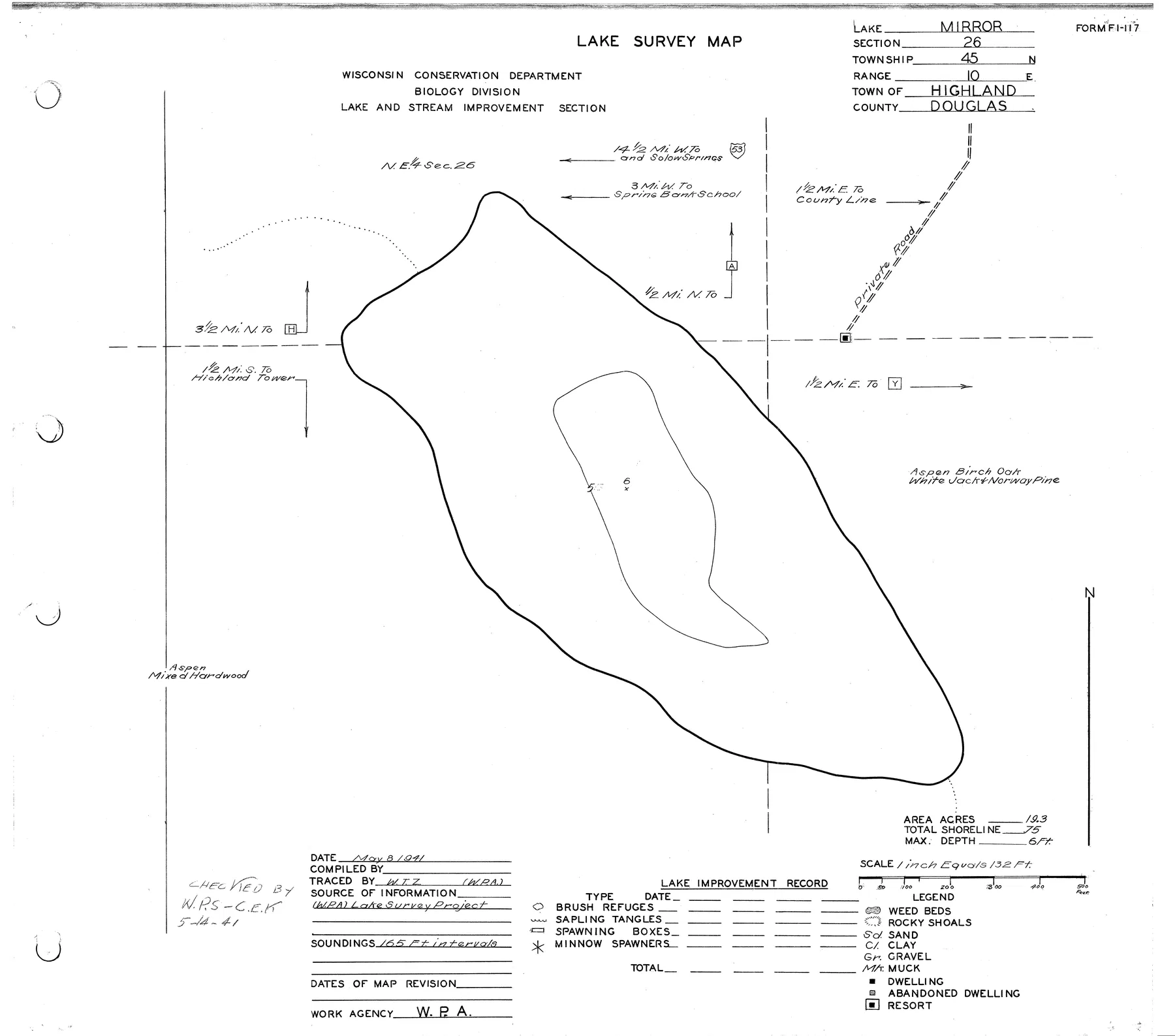 Mirror Lake historical Wisconsin DNR depth map sheet 1