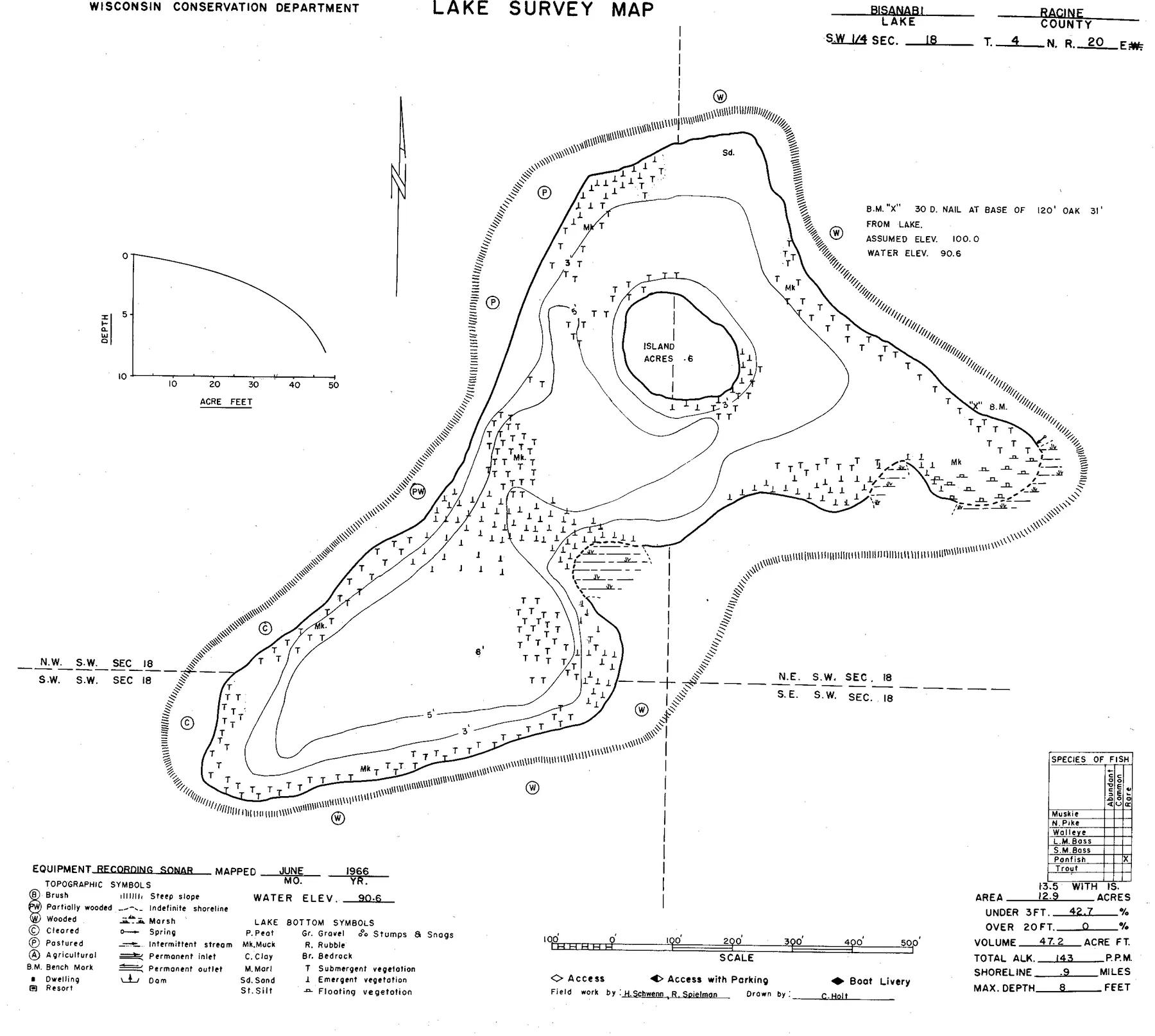 Bisanabi Lake historical Wisconsin DNR depth map sheet 1