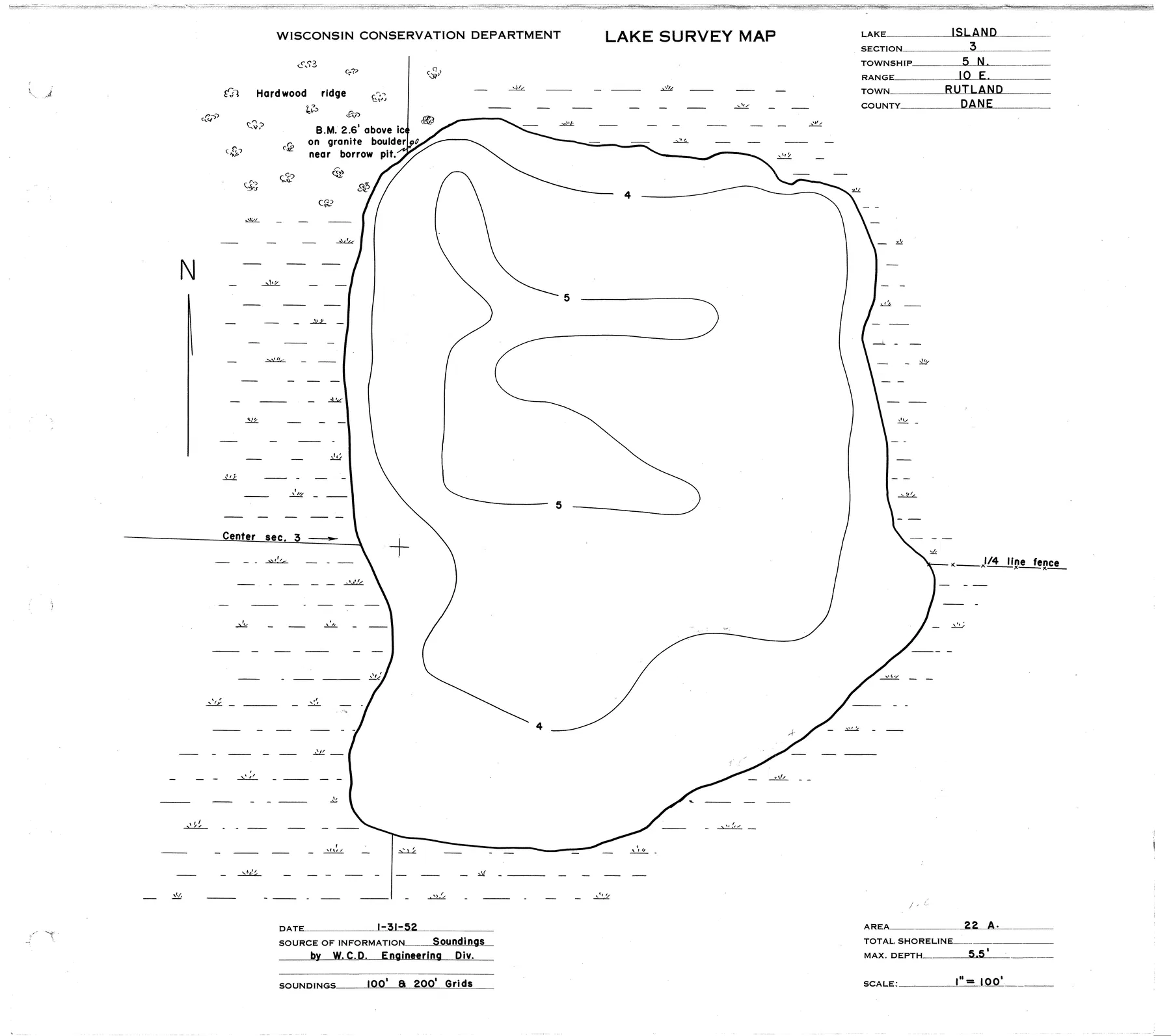 Island Lake historical Wisconsin DNR depth map sheet 1