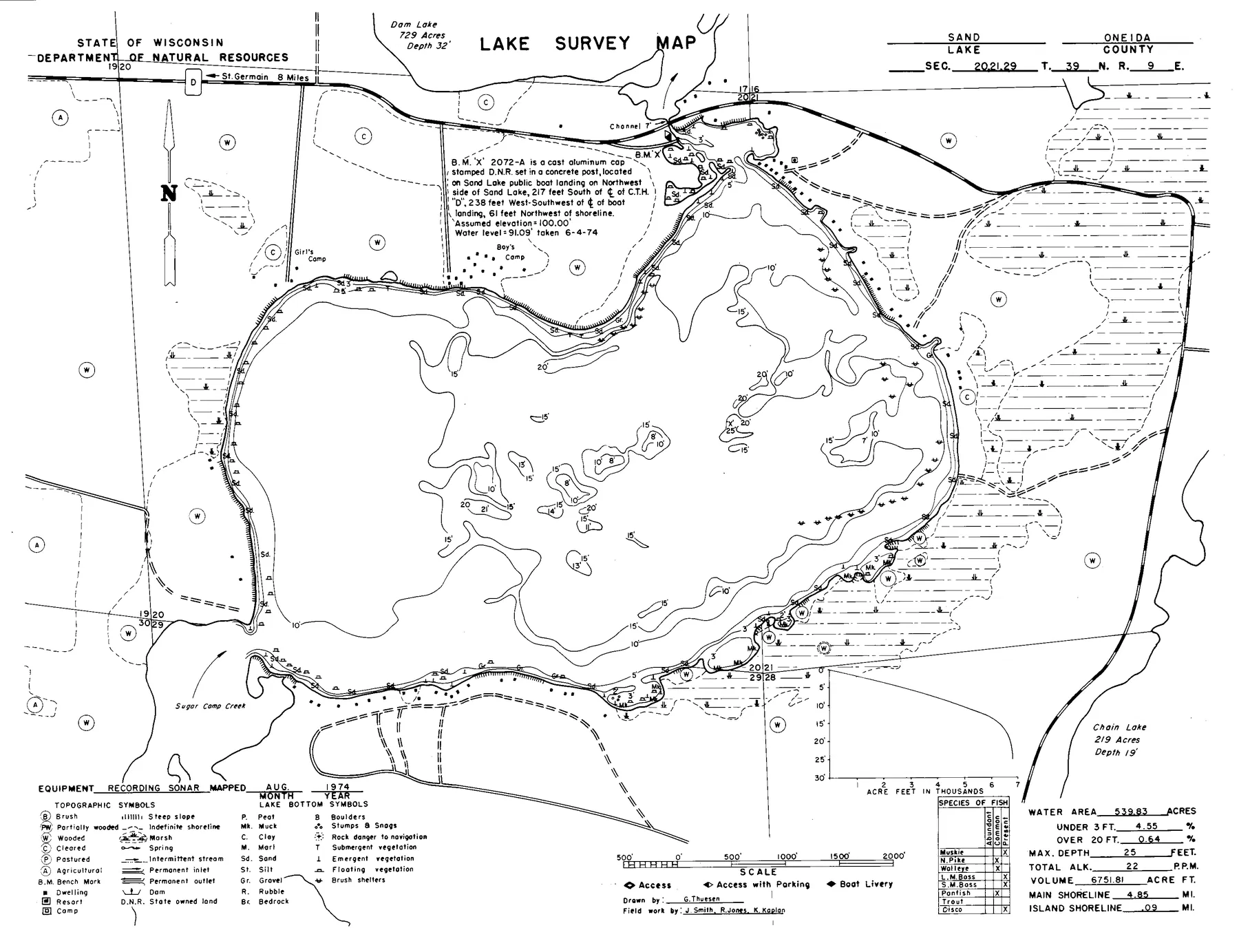 Sand Lake historical Wisconsin DNR depth map sheet 1