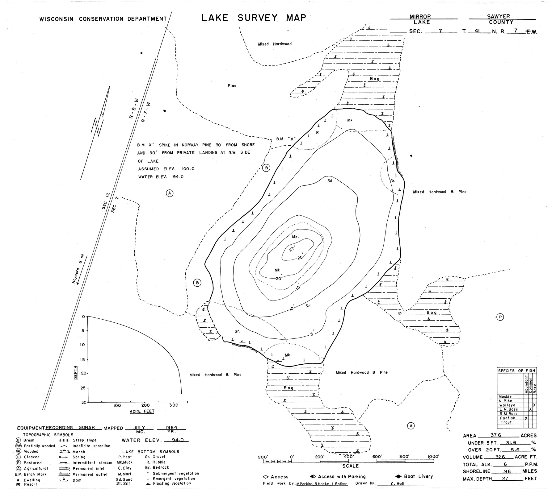 Mirror Lake historical Wisconsin DNR depth map sheet 1