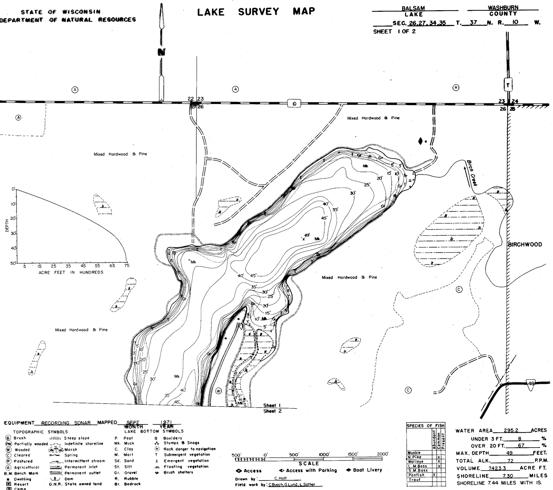 Balsam Lake historical Wisconsin DNR depth map sheet 1