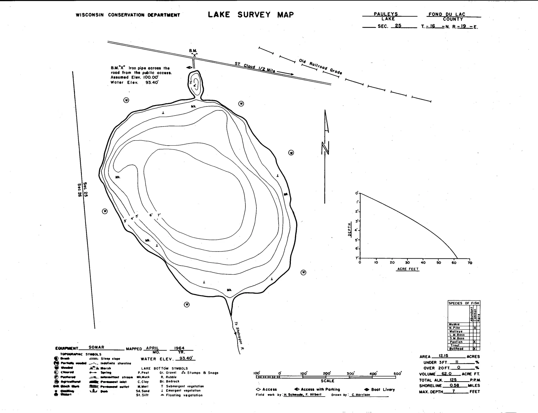 Paulys Lake historical Wisconsin DNR depth map sheet 1
