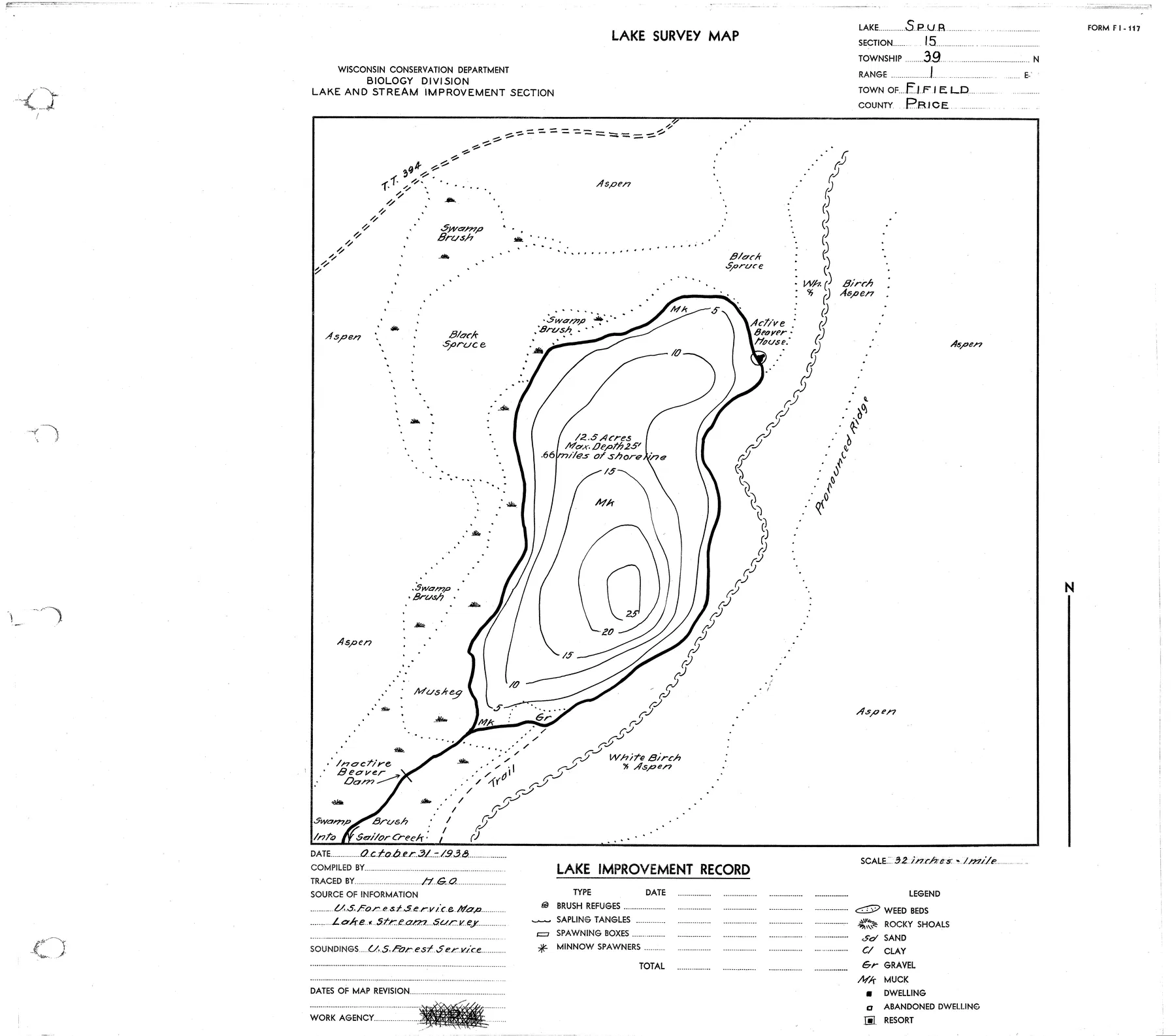 Spur Lake historical Wisconsin DNR depth map sheet 1