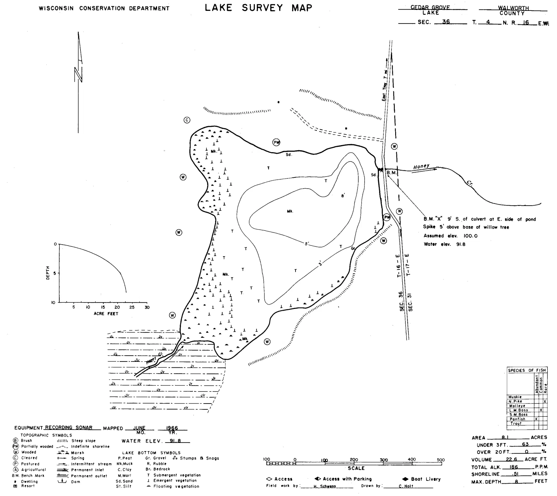 Cedar Grove Pond historical Wisconsin DNR depth map sheet 1