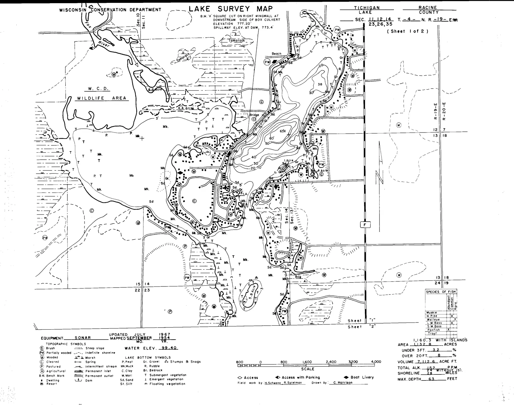 Tichigan Lake historical Wisconsin DNR depth map sheet 1