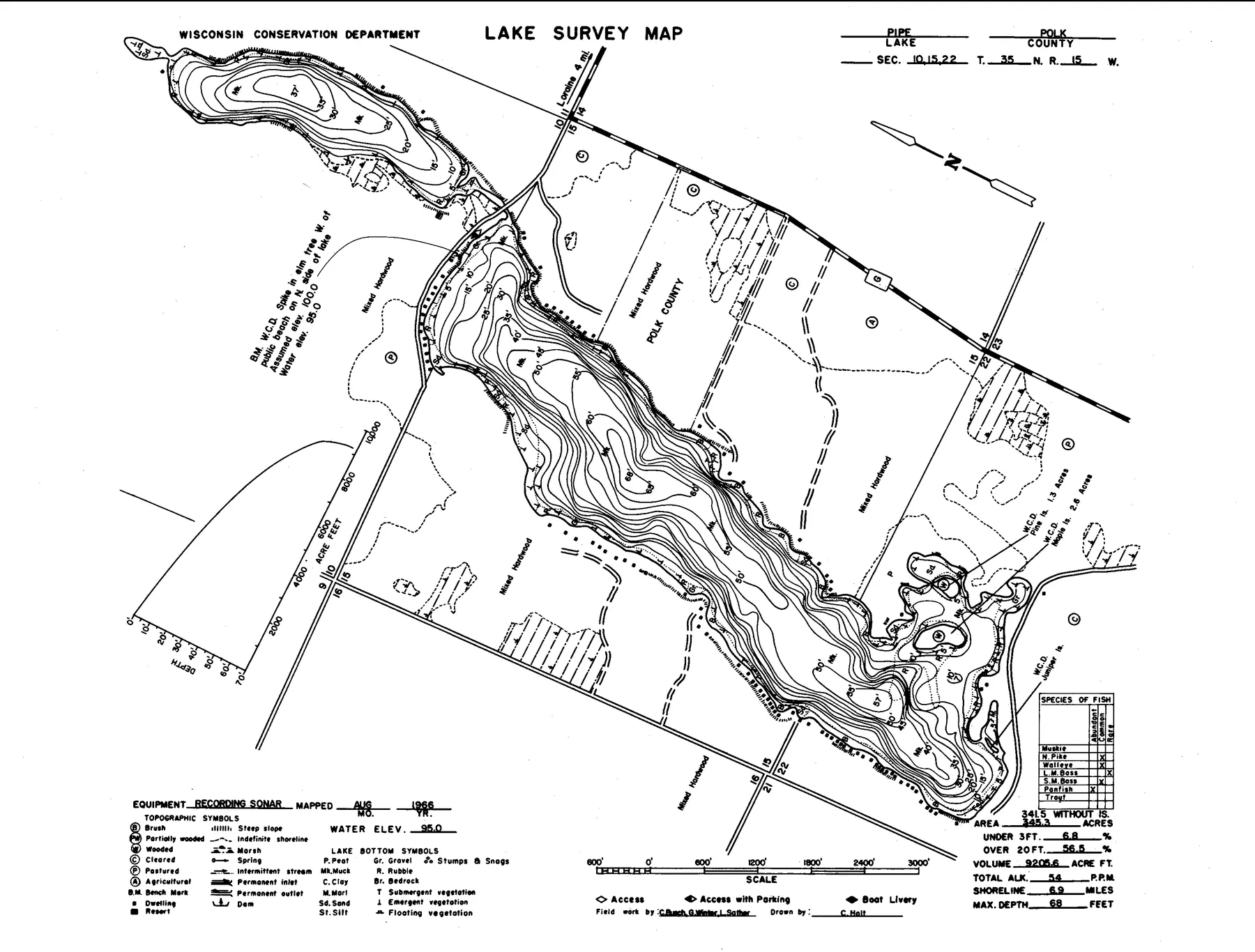 Pipe Lake historical Wisconsin DNR depth map sheet 1