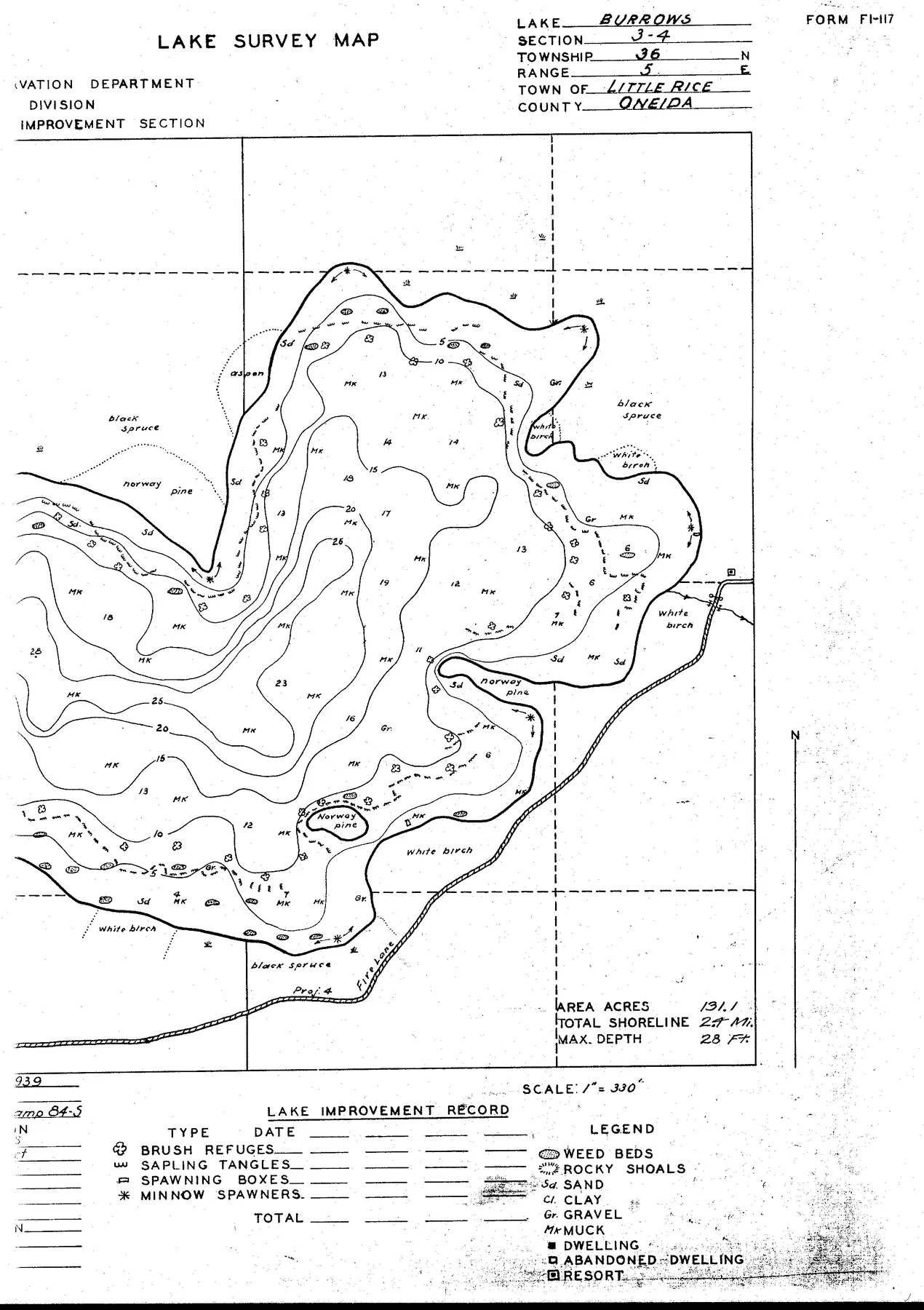 Burrows Lake historical Wisconsin DNR depth map sheet 1