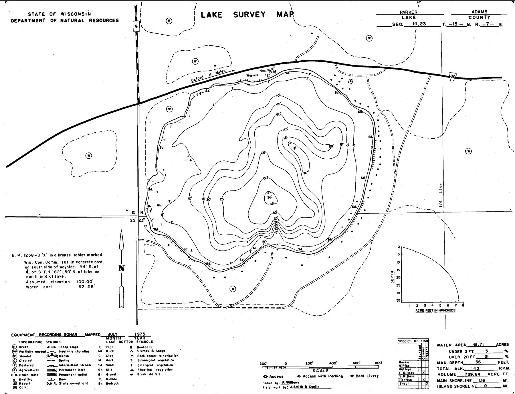 Parker Lake historical Wisconsin DNR depth map sheet 1