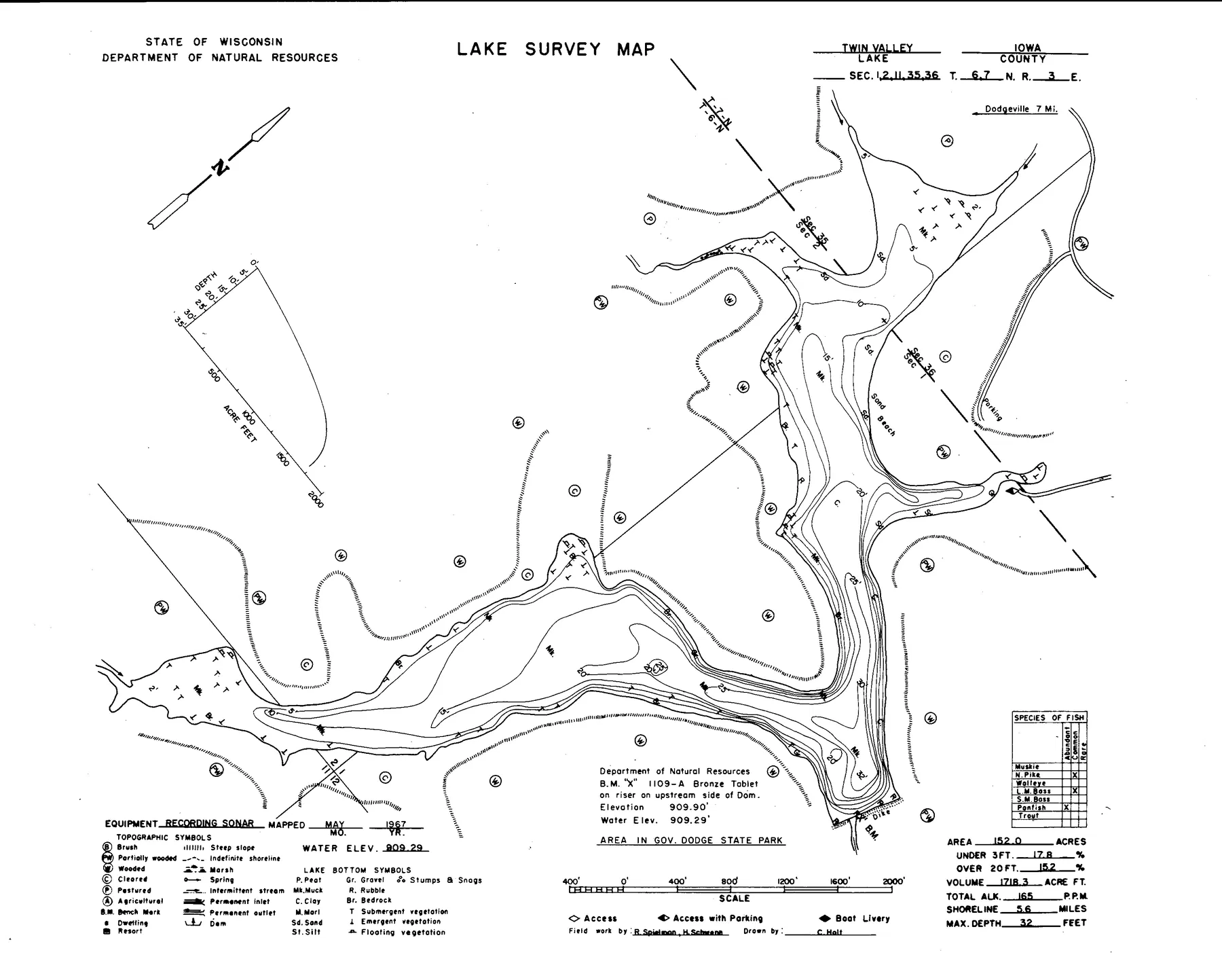 Twin Valley Lake historical Wisconsin DNR depth map sheet 1