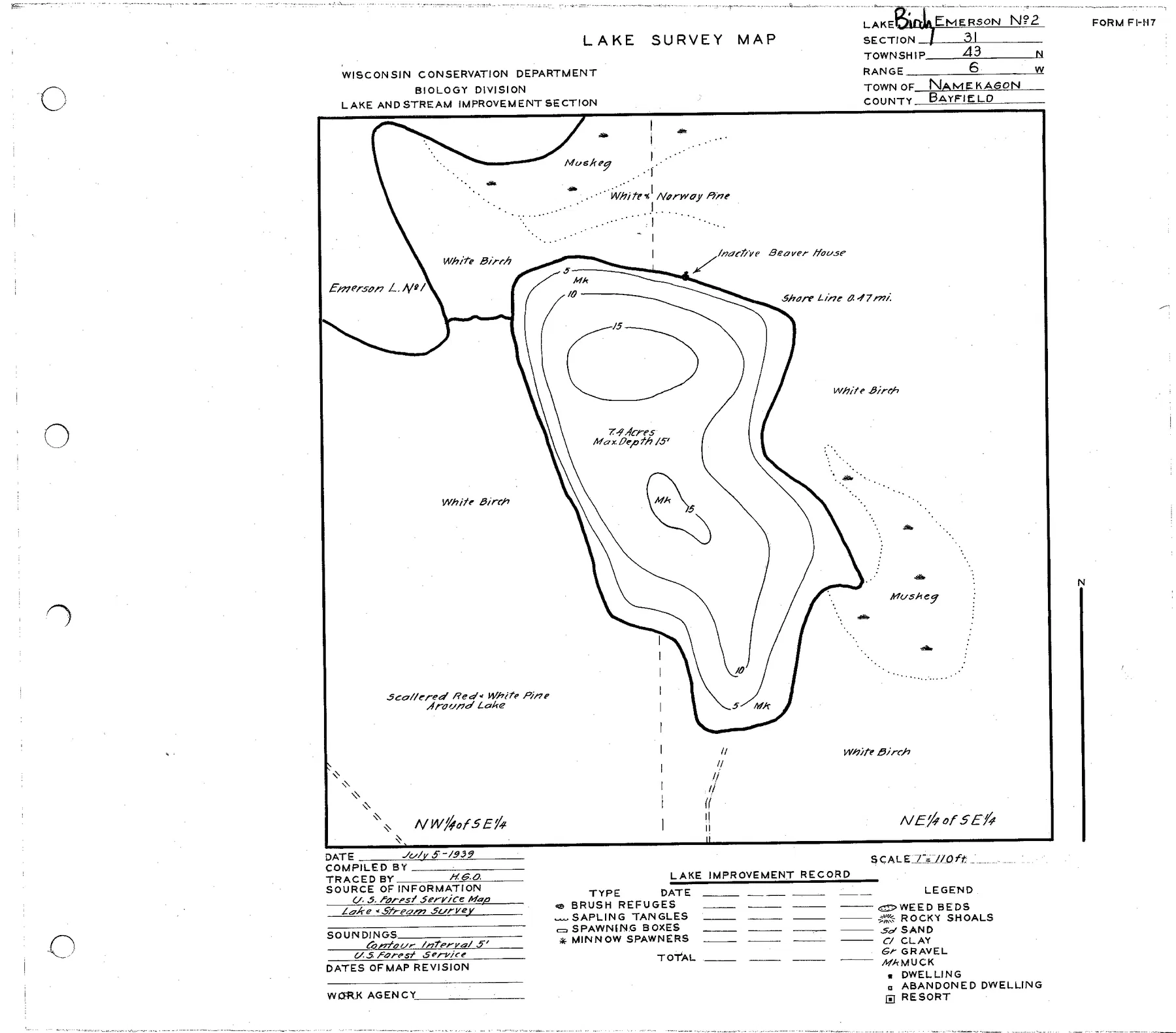 Birch Lake historical Wisconsin DNR depth map sheet 1