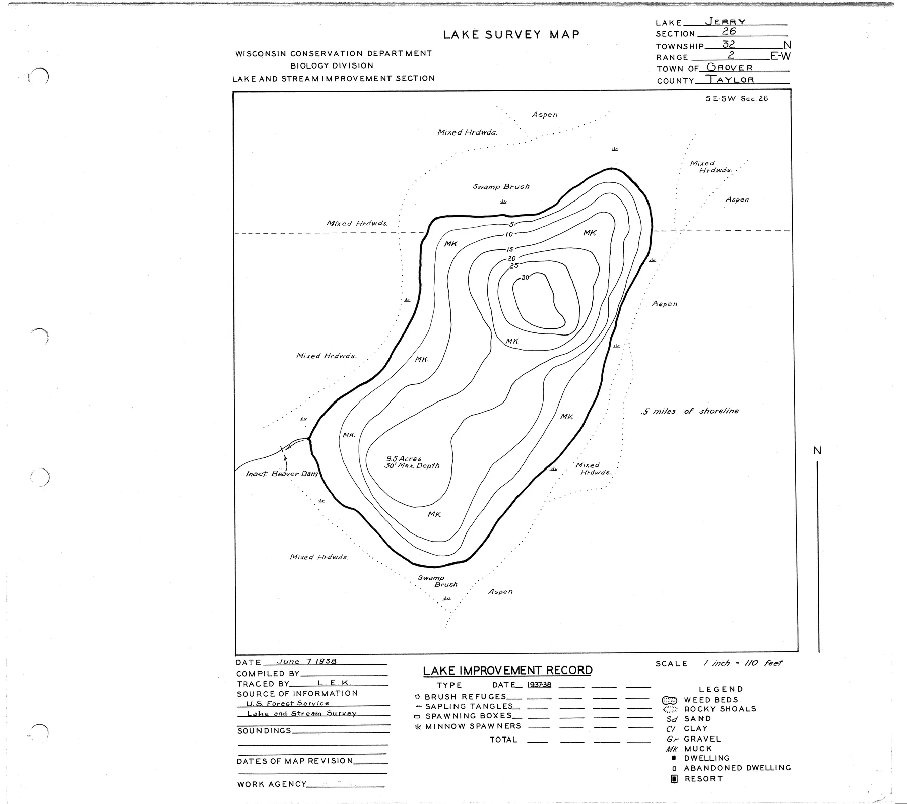Jerry Lake historical Wisconsin DNR depth map sheet 1