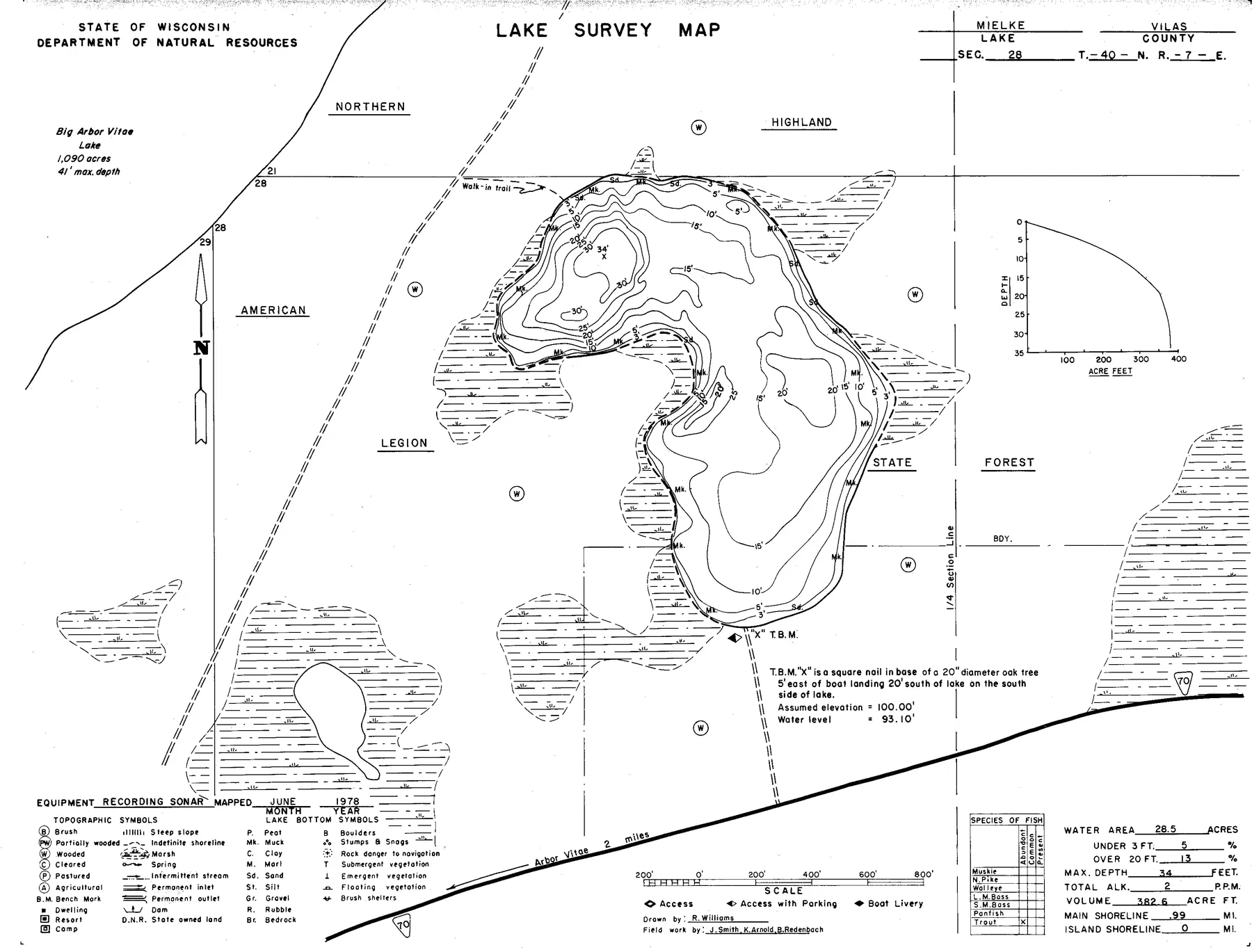 Mielke Lake historical Wisconsin DNR depth map sheet 1