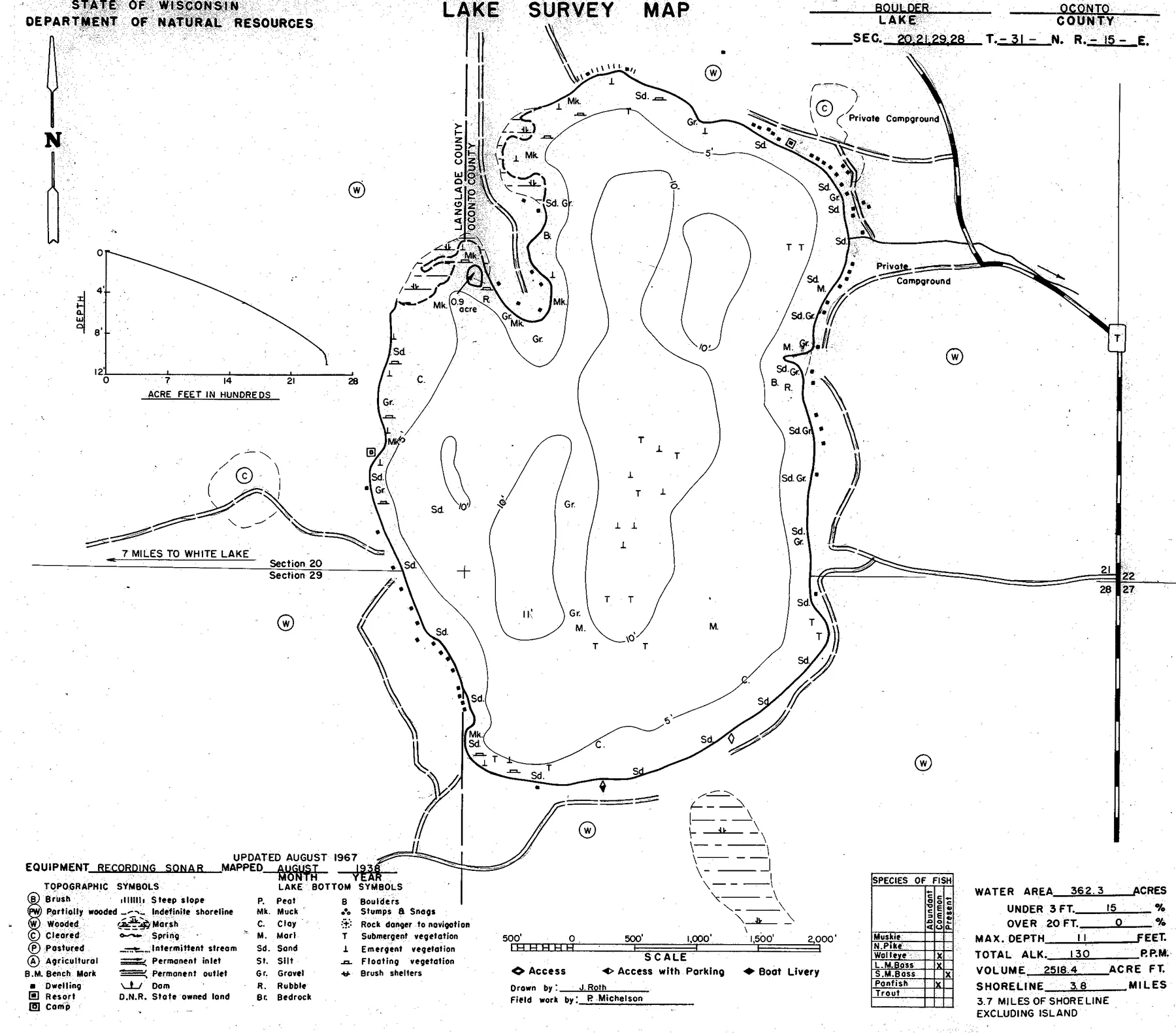 Boulder Lake historical Wisconsin DNR depth map sheet 1