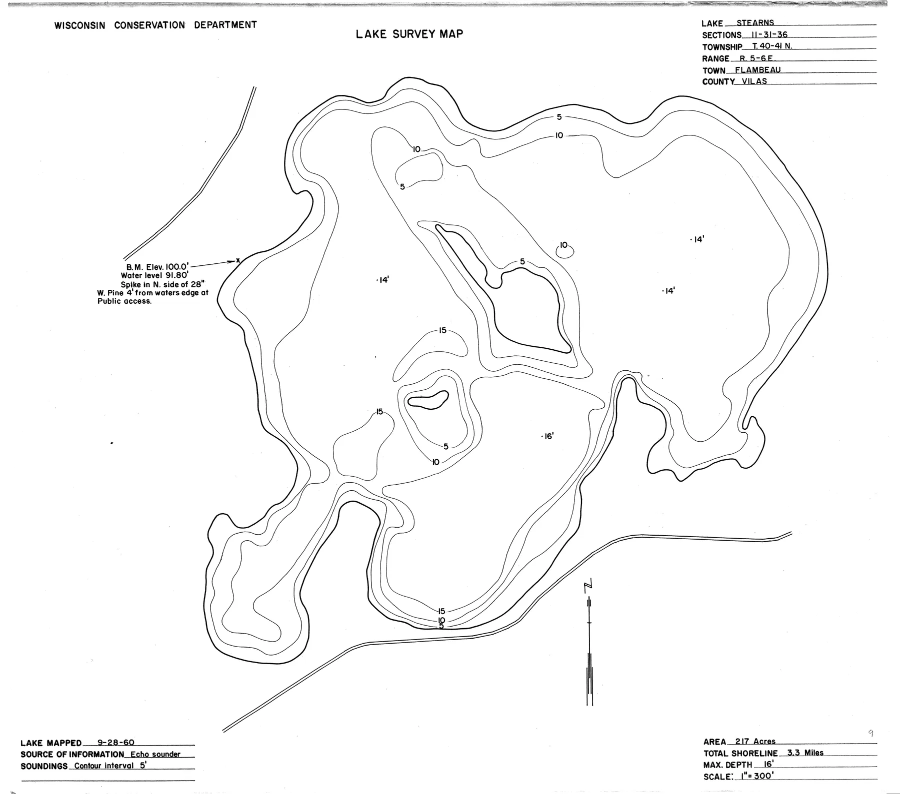 Stearns Lake historical Wisconsin DNR depth map sheet 1