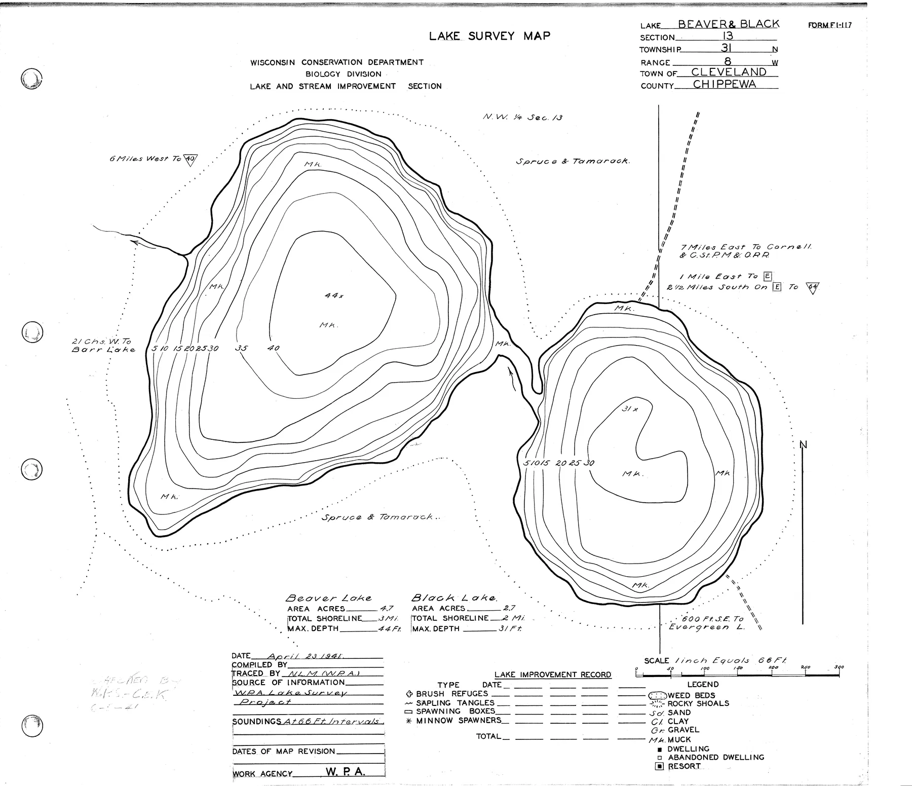 Beaver Lake historical Wisconsin DNR depth map sheet 1