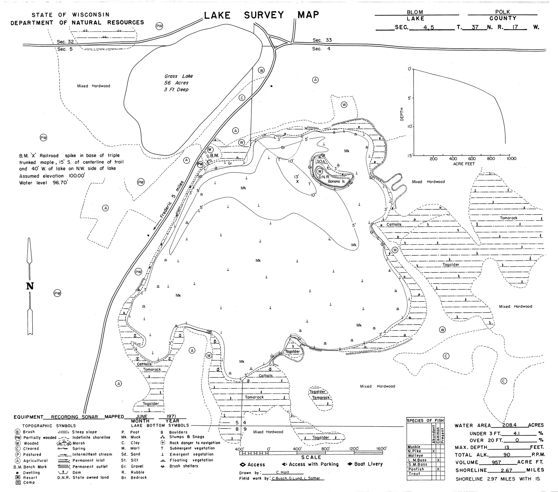 Blom Lake historical Wisconsin DNR depth map sheet 1