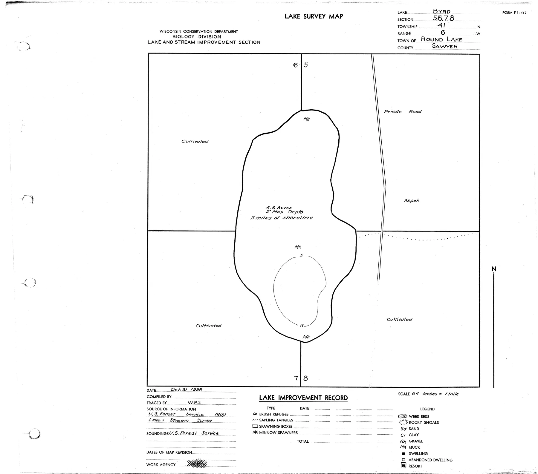 Byrd Lake historical Wisconsin DNR depth map sheet 1