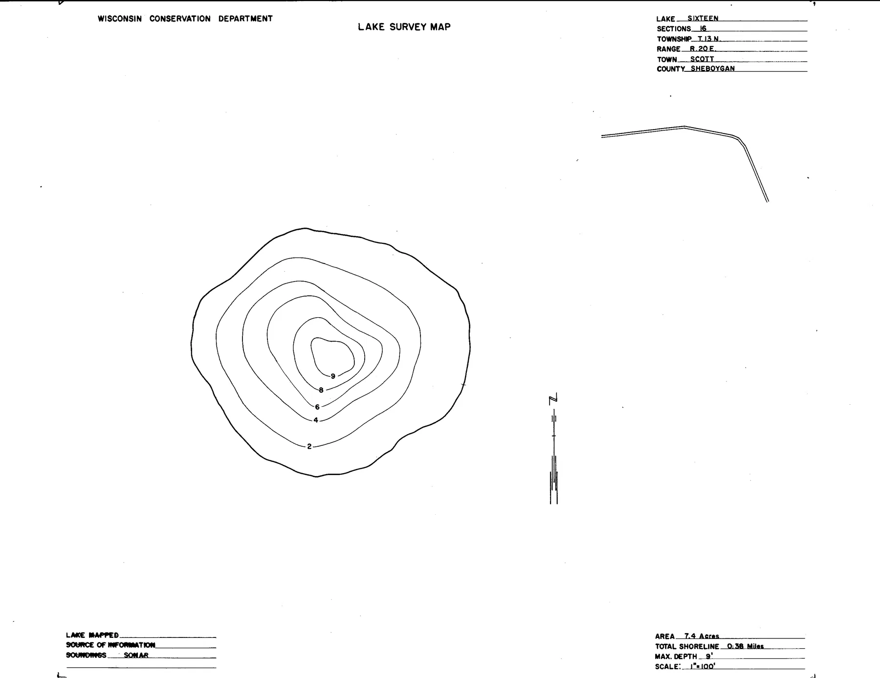 Lake Sixteen historical Wisconsin DNR depth map sheet 1