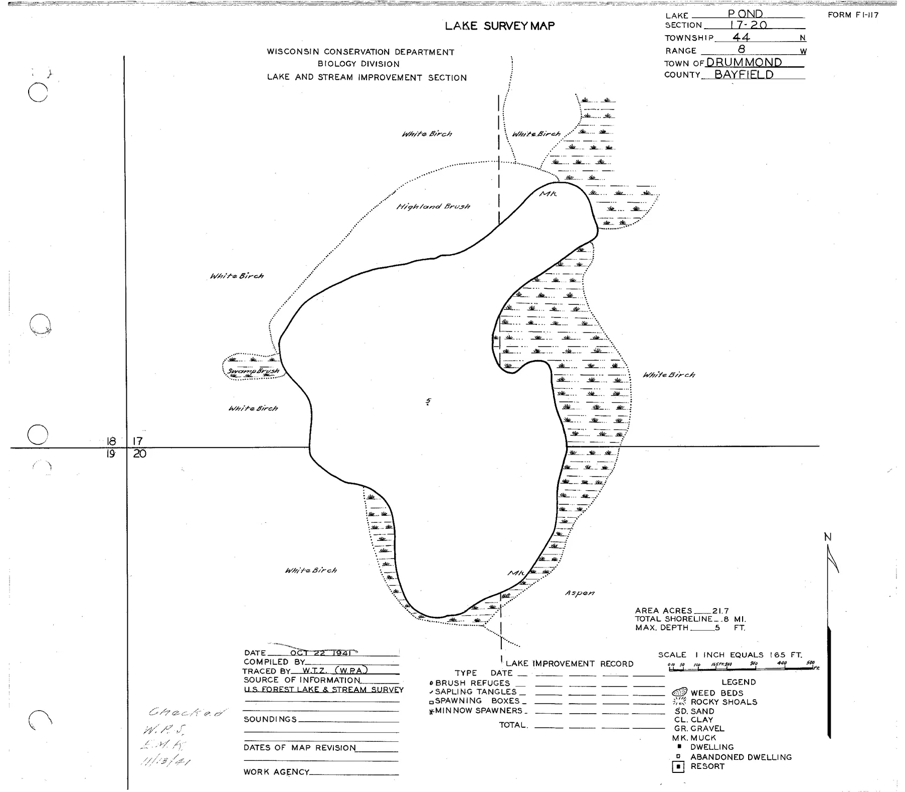 Pond Lake historical Wisconsin DNR depth map sheet 1
