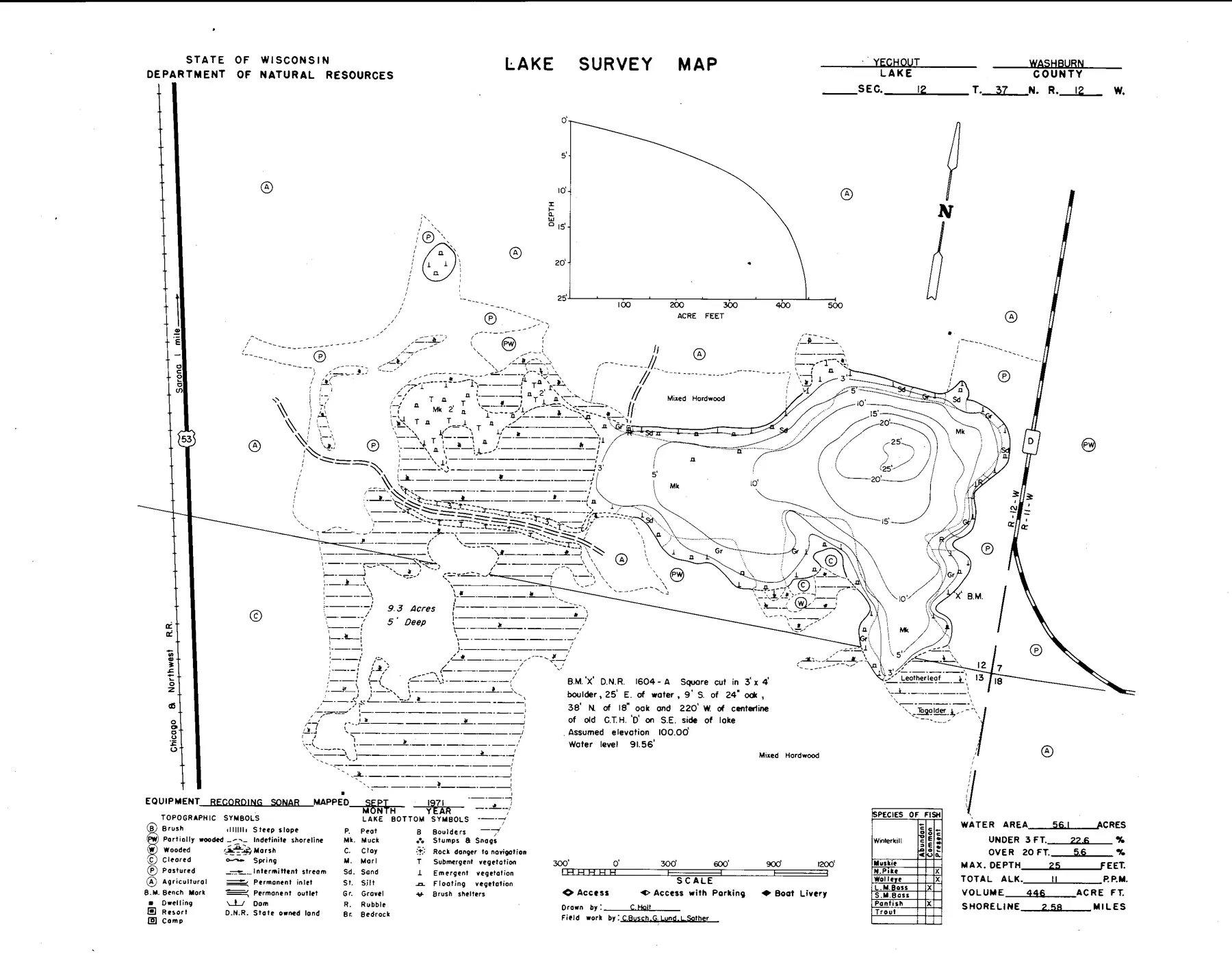 Yechout Lake historical Wisconsin DNR depth map sheet 1