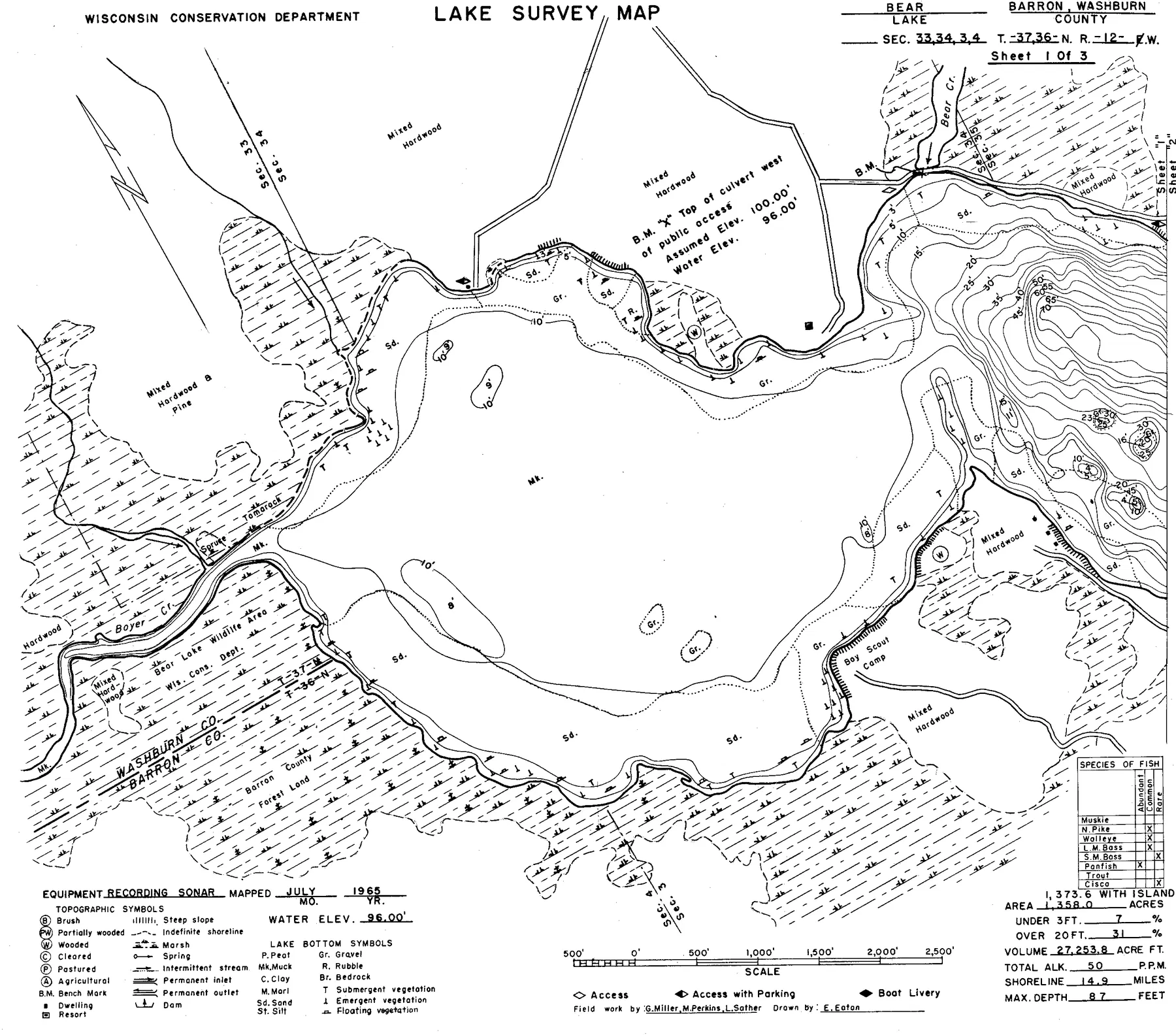 Bear Lake historical Wisconsin DNR depth map sheet 1