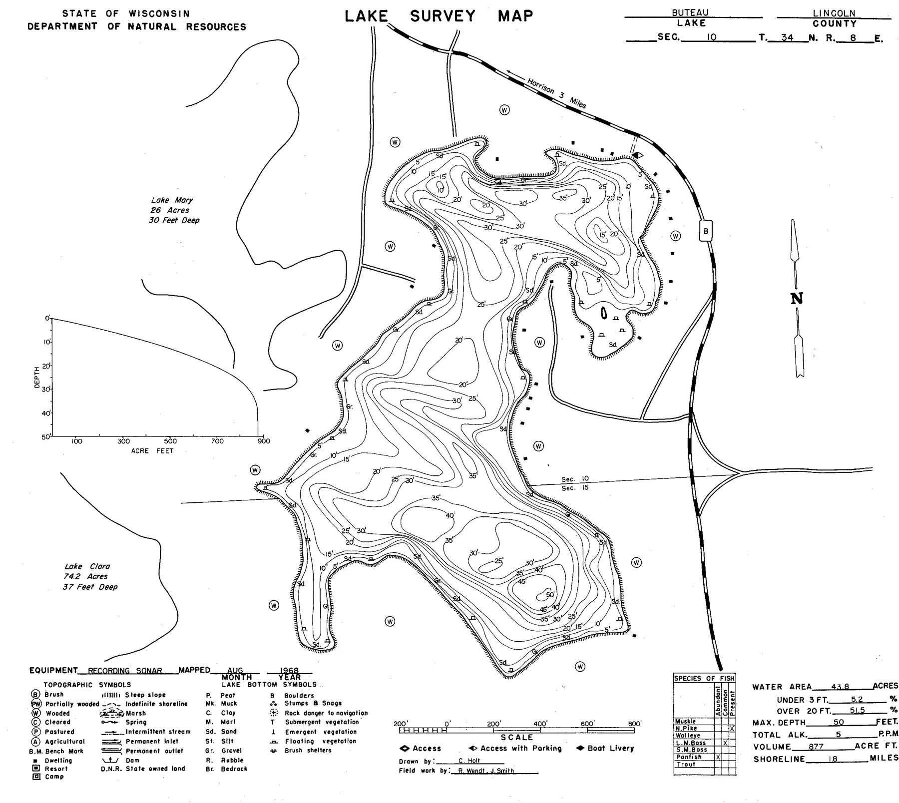 Lake Buteau historical Wisconsin DNR depth map sheet 1