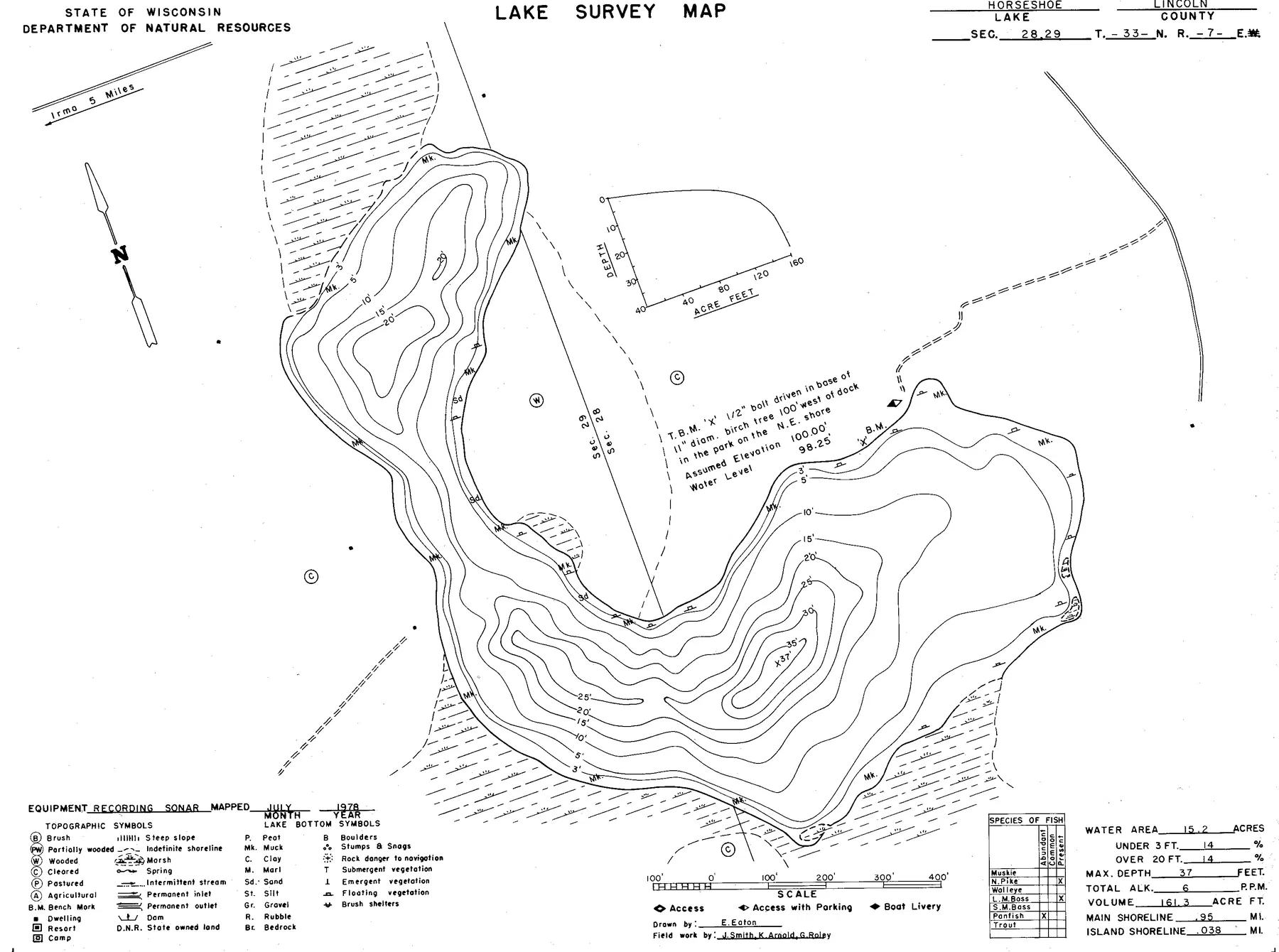 Horseshoe Lake historical Wisconsin DNR depth map sheet 1