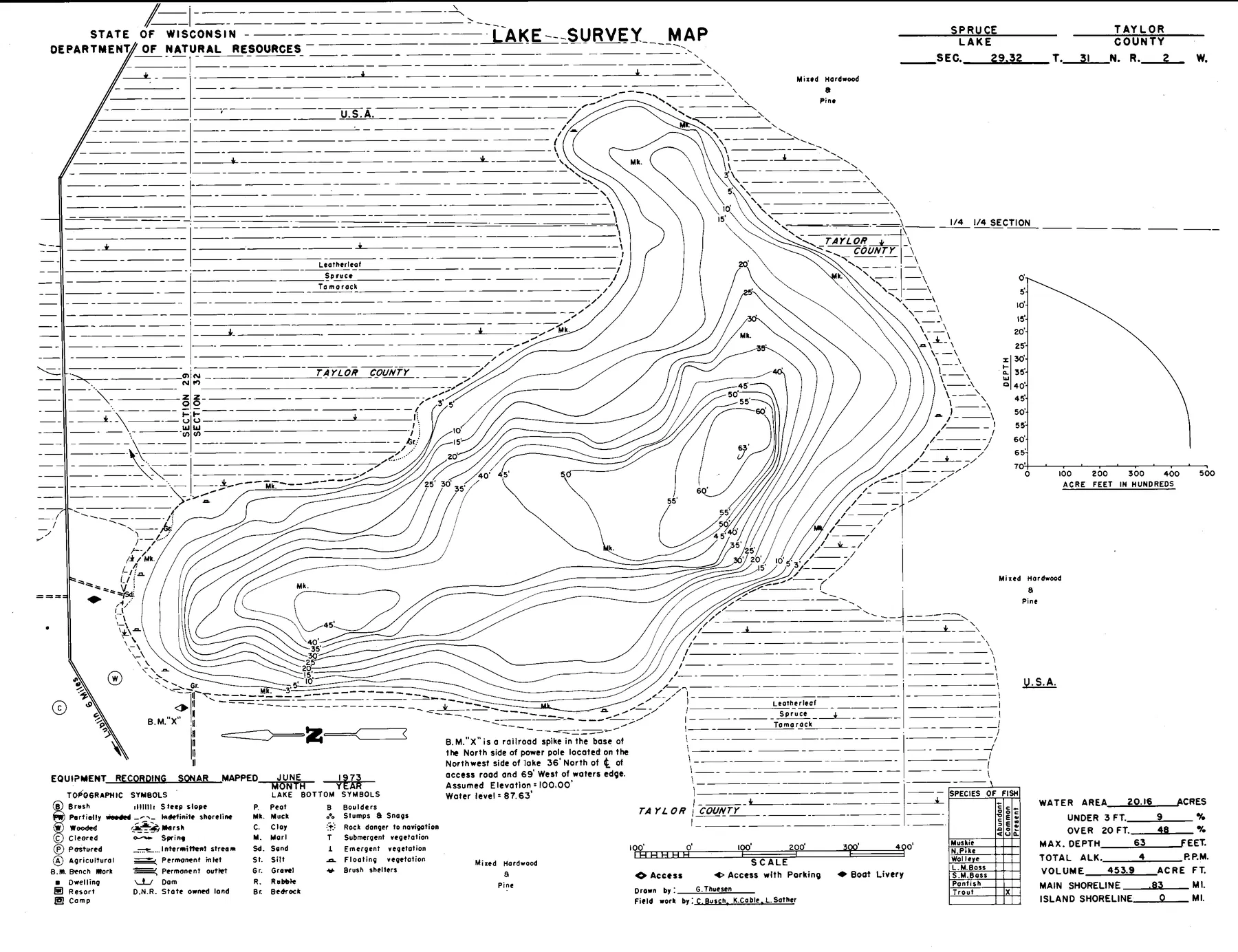 Spruce Lake historical Wisconsin DNR depth map sheet 1