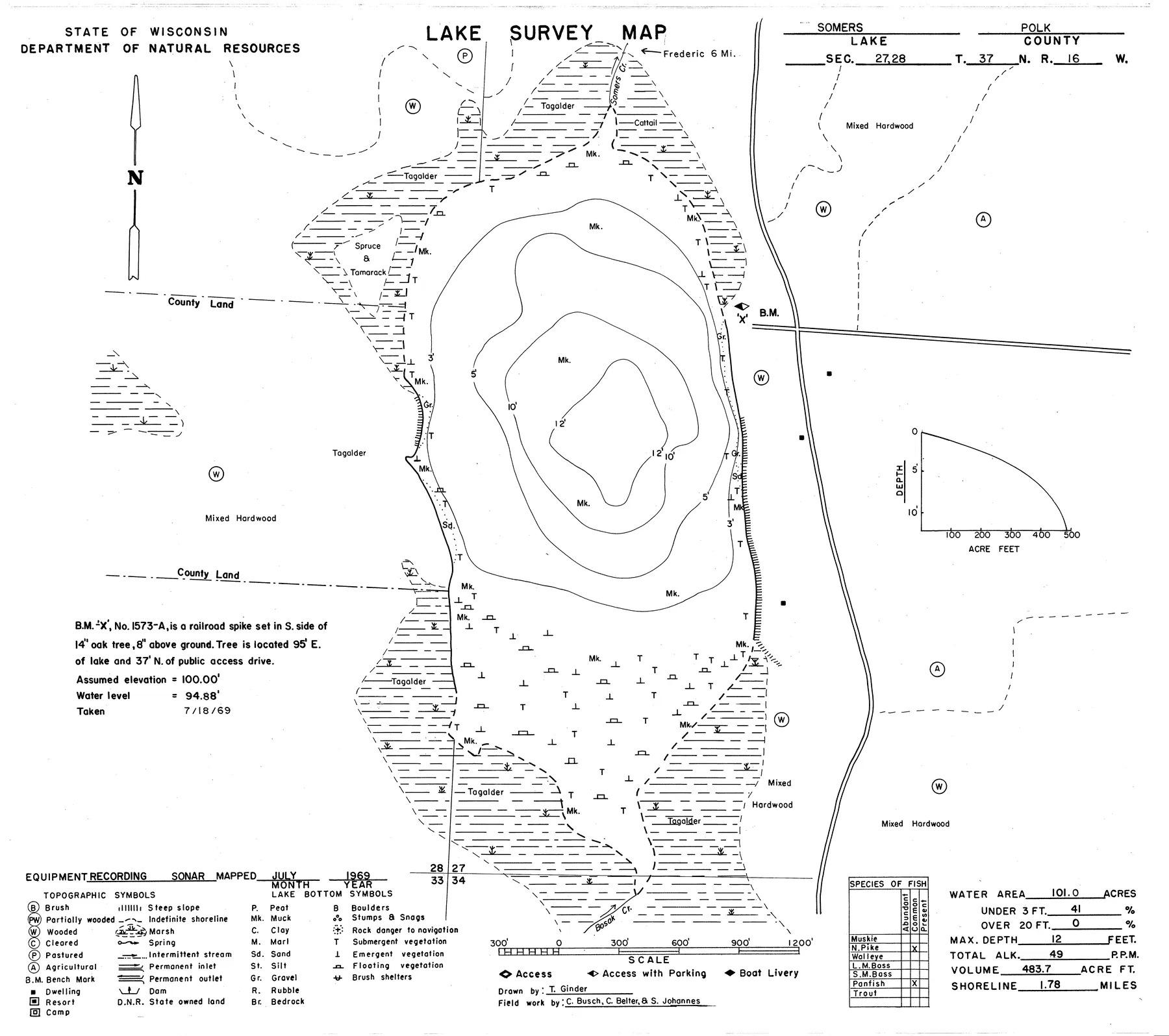 Somers Lake historical Wisconsin DNR depth map sheet 1